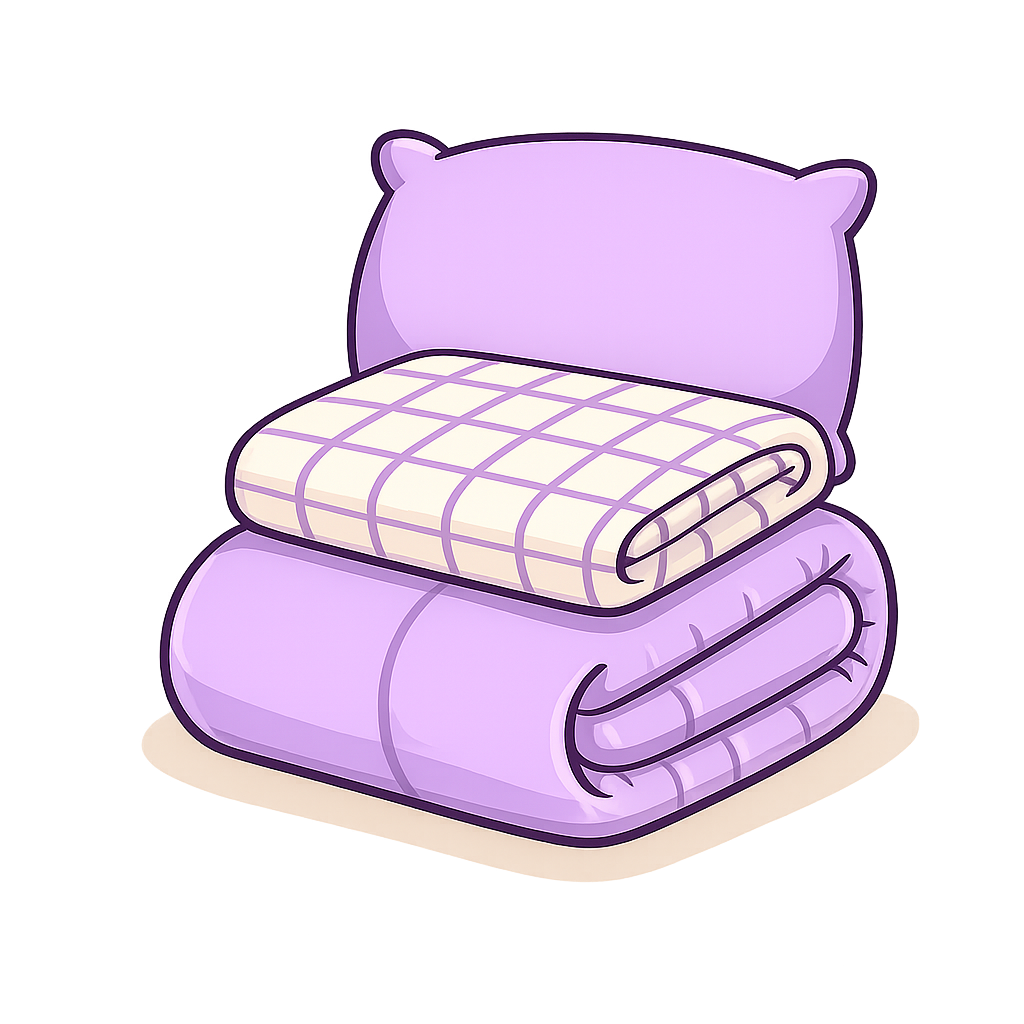 Cartoon illustration of a neatly folded purple blanket and a pillow on a bed.