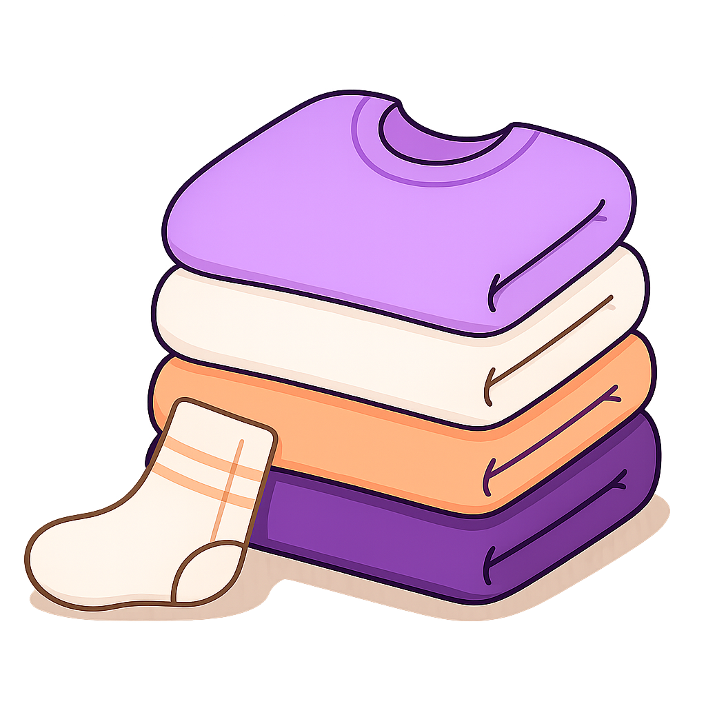 Stack of folded clothes with a sock leaning against the bottom, featuring purple, white, peach, and dark purple colors.