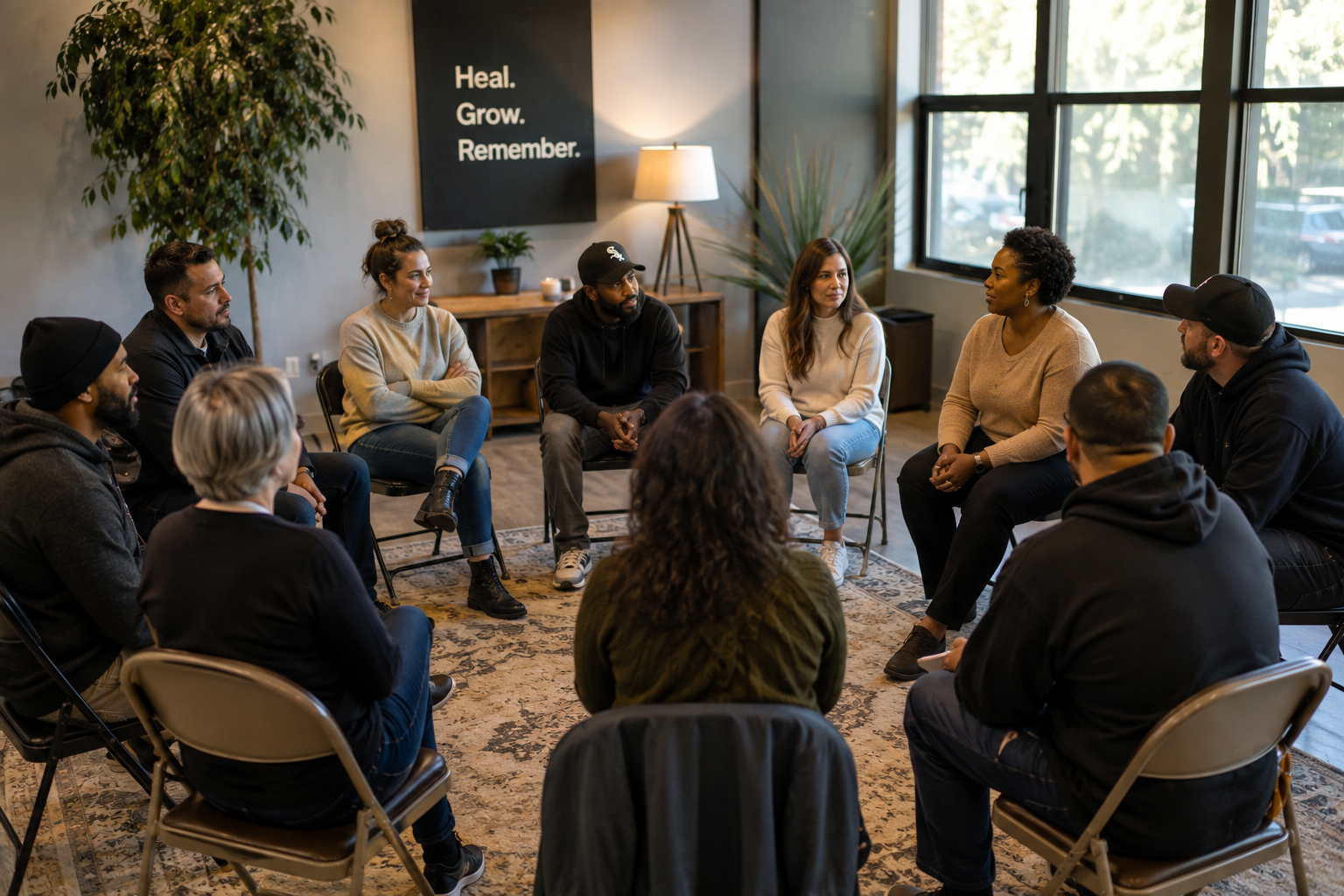 Group of people sitting in a circle having a discussion in a well-lit room with large windows, plants, and a wall sign that says 'Heal. Grow. Remember.'