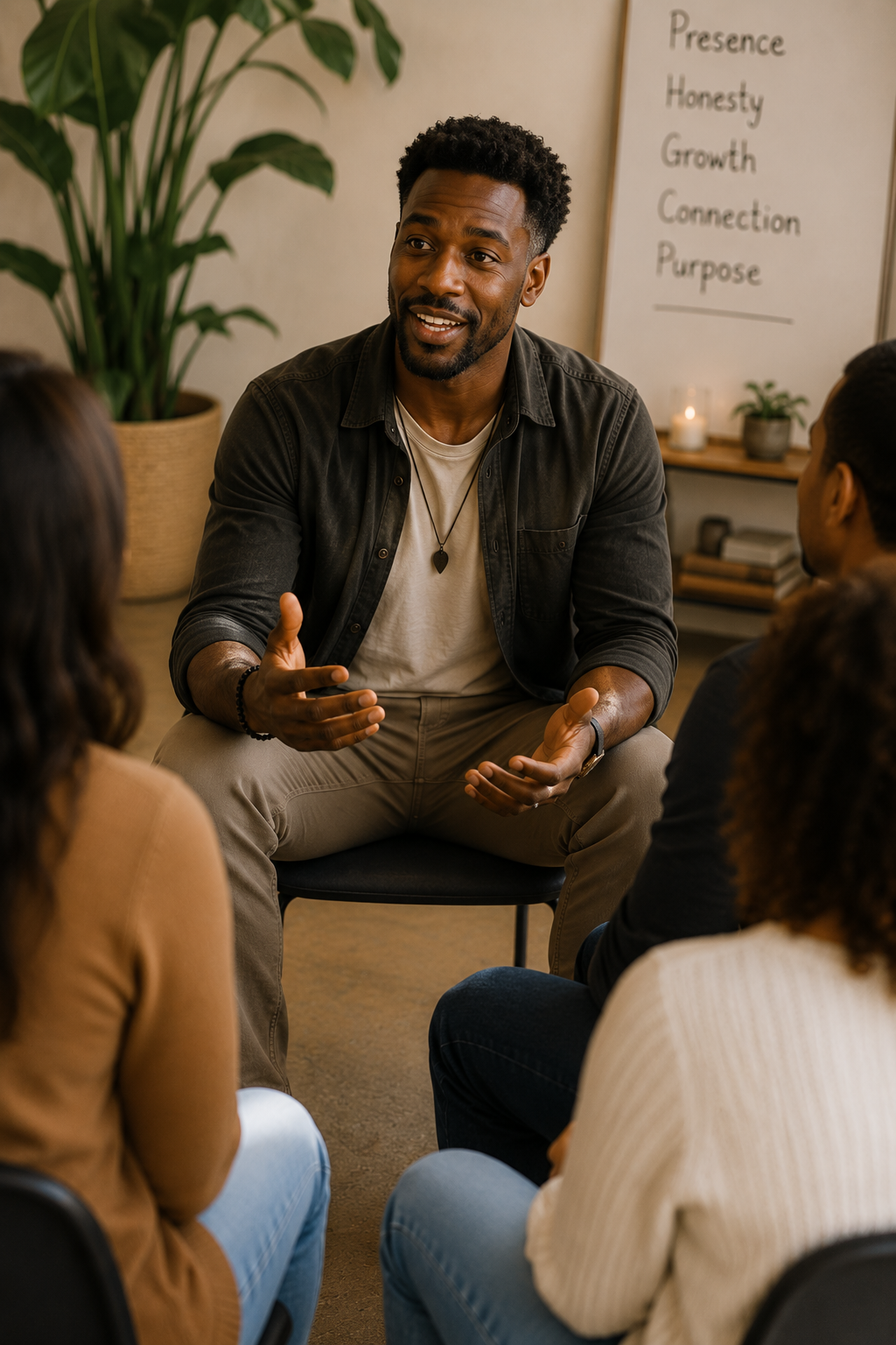 A man speaking and gesturing with his hands during a group therapy or support meeting, with three women listening, a whiteboard with words like 'Presence,' 'Honesty,' 'Growth,' 'Connection,' and 'Purpose,' and plants and candles in the background.