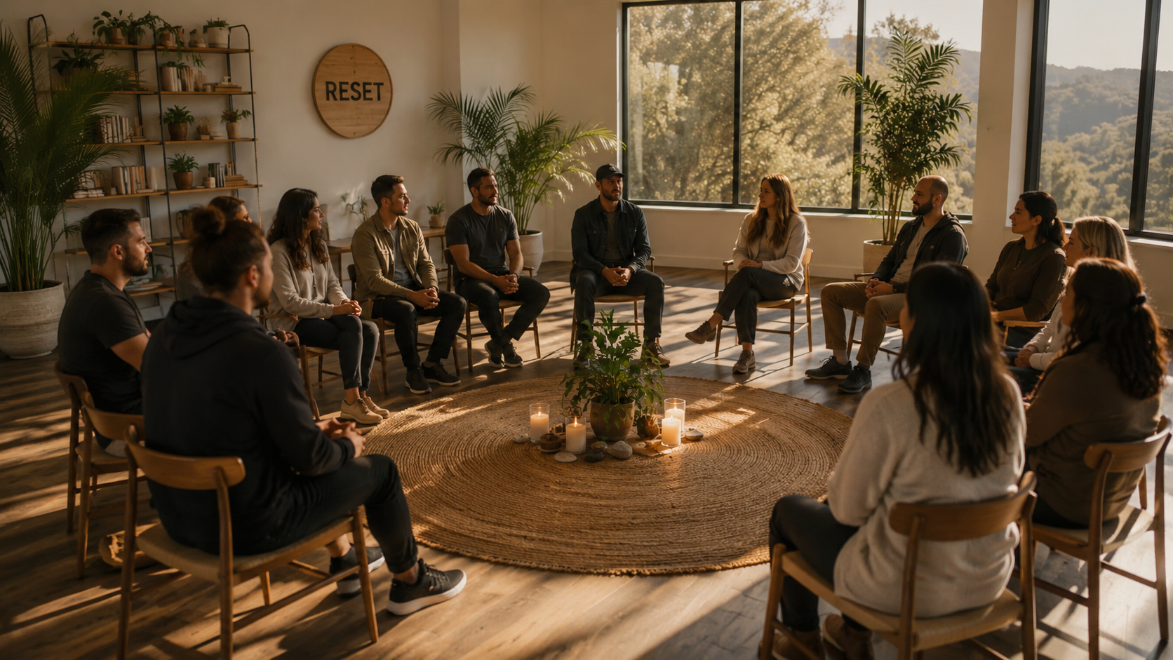 A group of people sitting in a circle in a well-lit room with large windows, plants, and a circular rug with candles and a plant in the center.