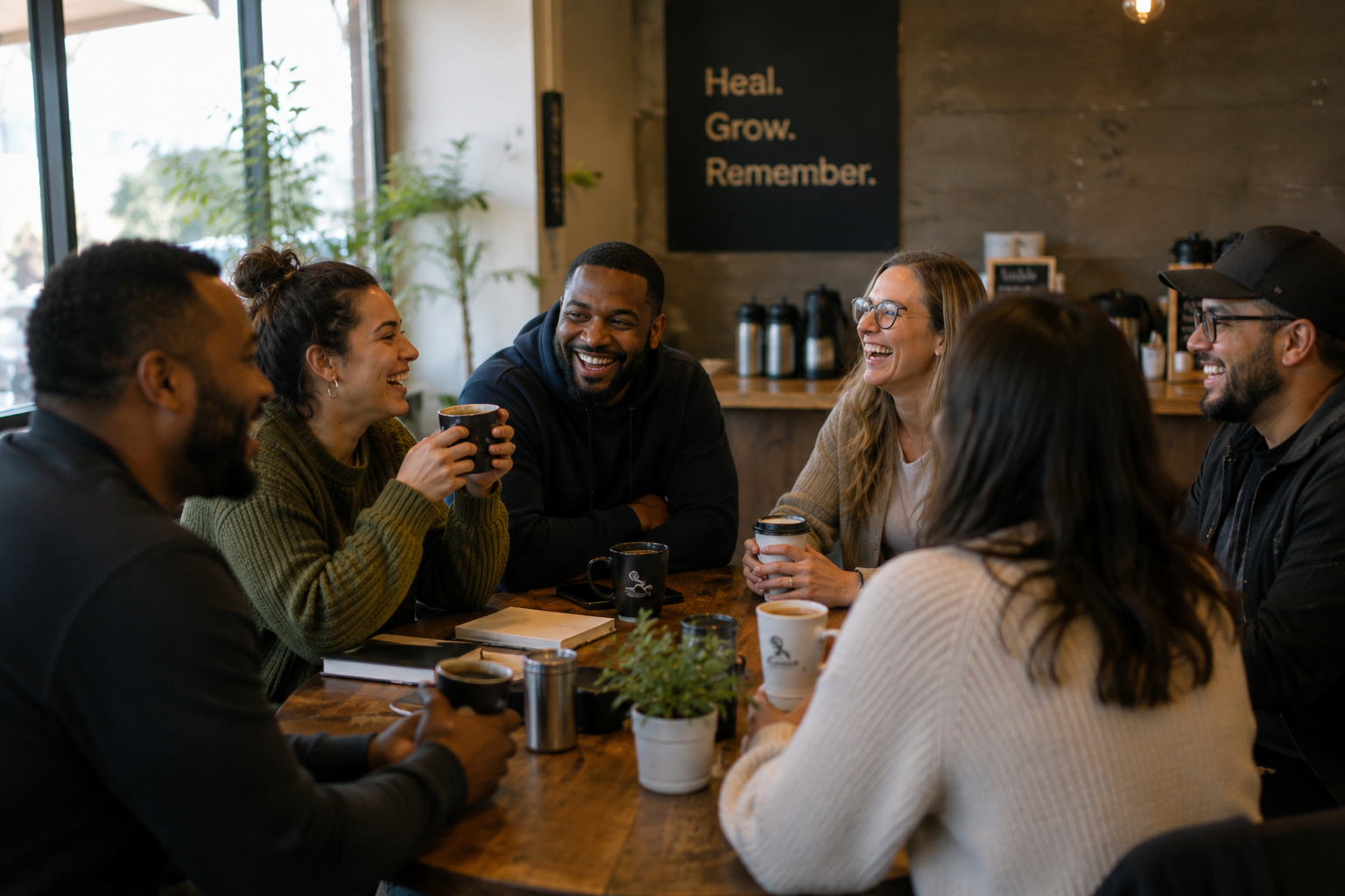 Group of six friends sitting around a wooden table, smiling, chatting, and drinking coffee in a cozy coffee shop.