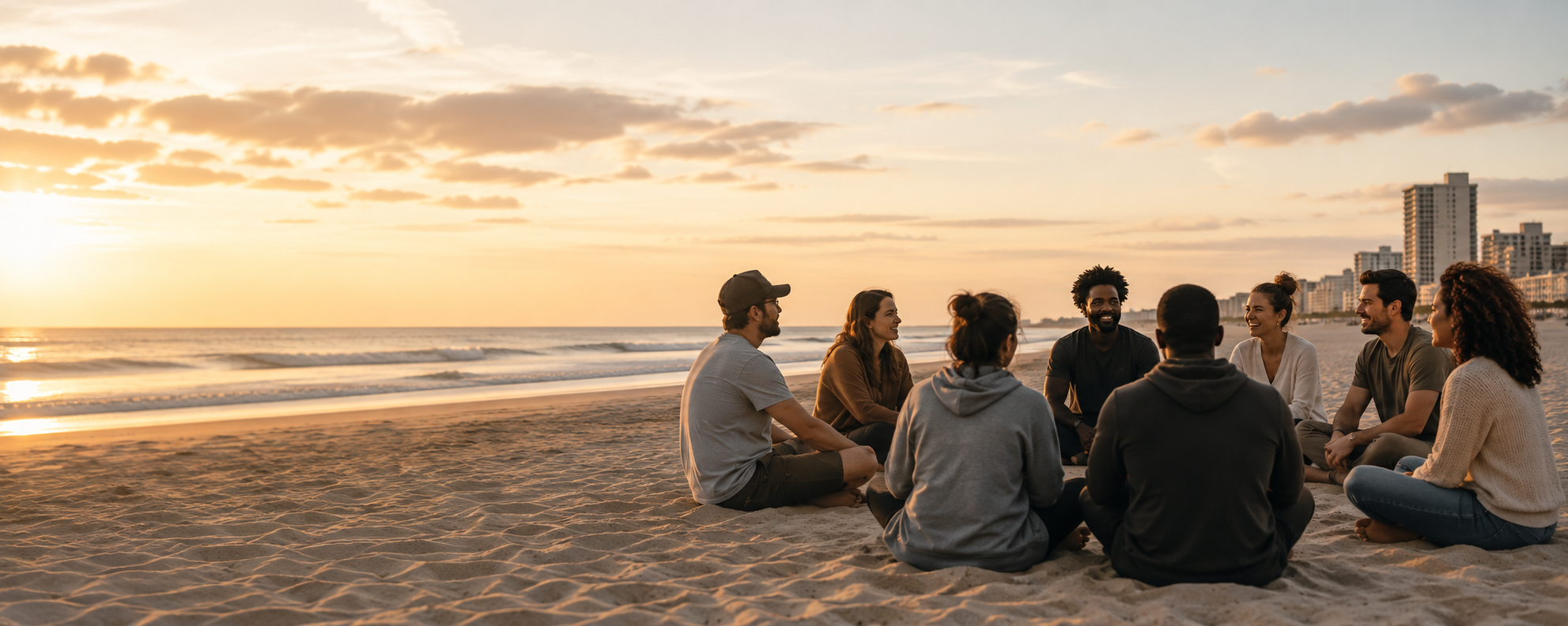 A group of nine people sitting in a circle on the beach during sunset, smiling and engaging in conversation with the city skyline in the background.