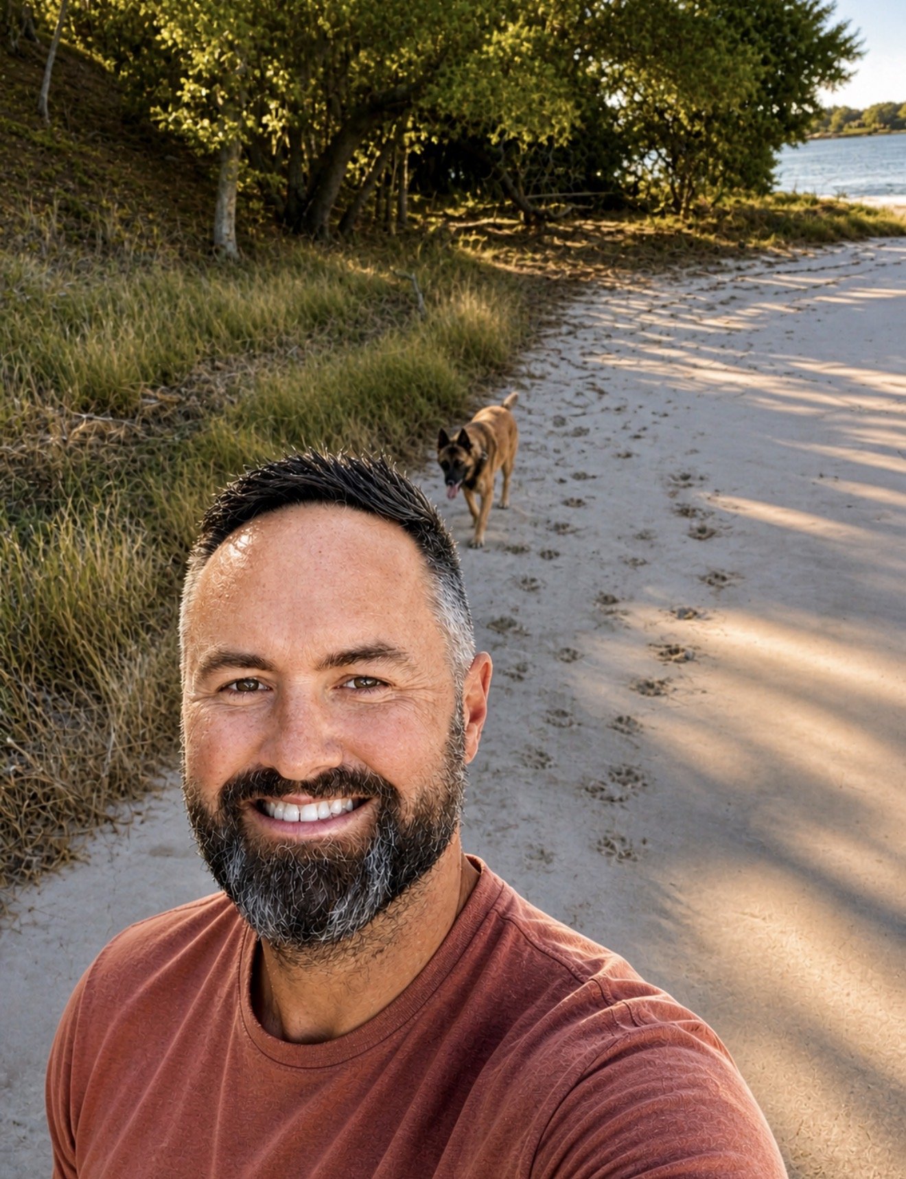 A man with a beard smiling at the camera, taking a selfie on a sandy beach at sunset, with a dog walking behind him near trees and water.