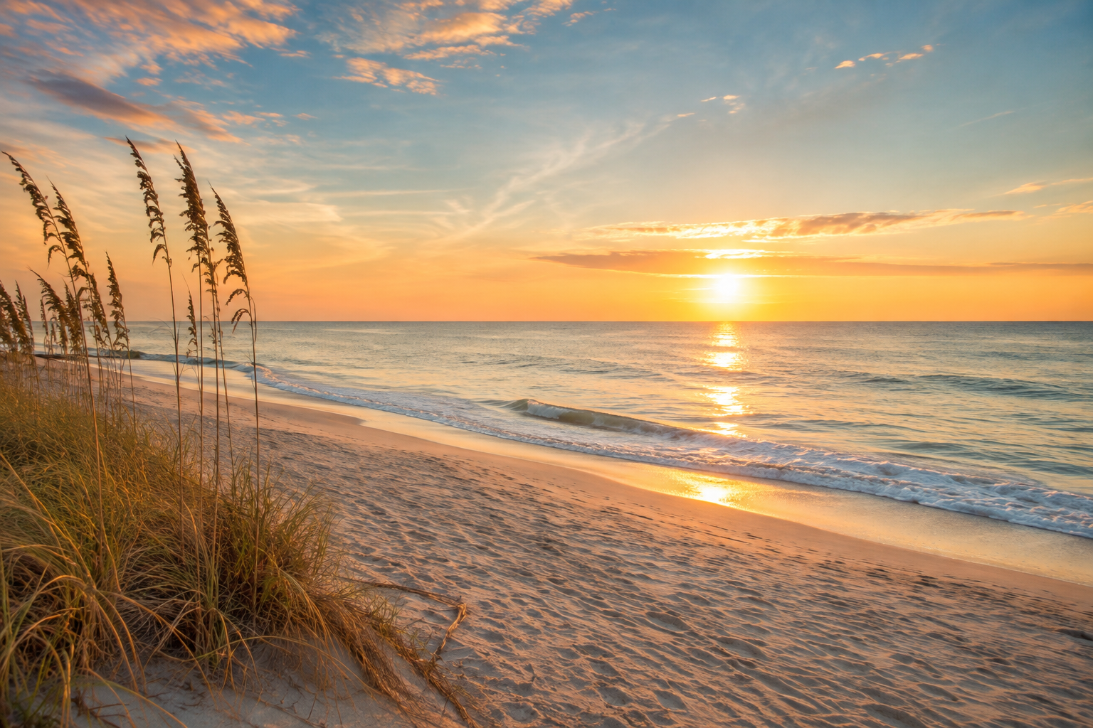 Sunset over the ocean with gentle waves and sandy beach in the foreground, some tall grasses on the left, and a partly cloudy sky.