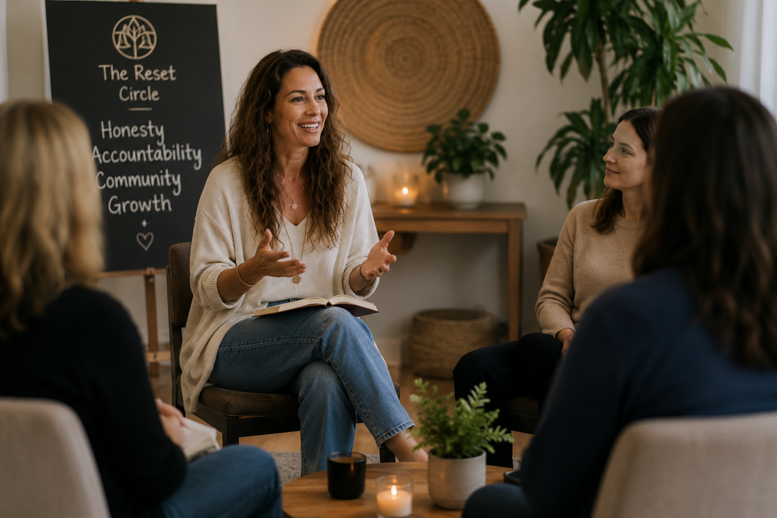 Group of women in a discussion during a workshop or support group session, with a blackboard displaying 'The Reset Circle' and its values.