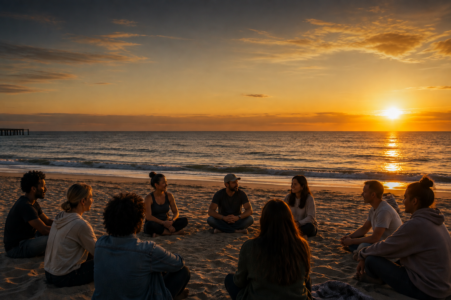 A group of nine people sitting cross-legged on the sand in a circle on a beach, watching the sunset over the ocean.