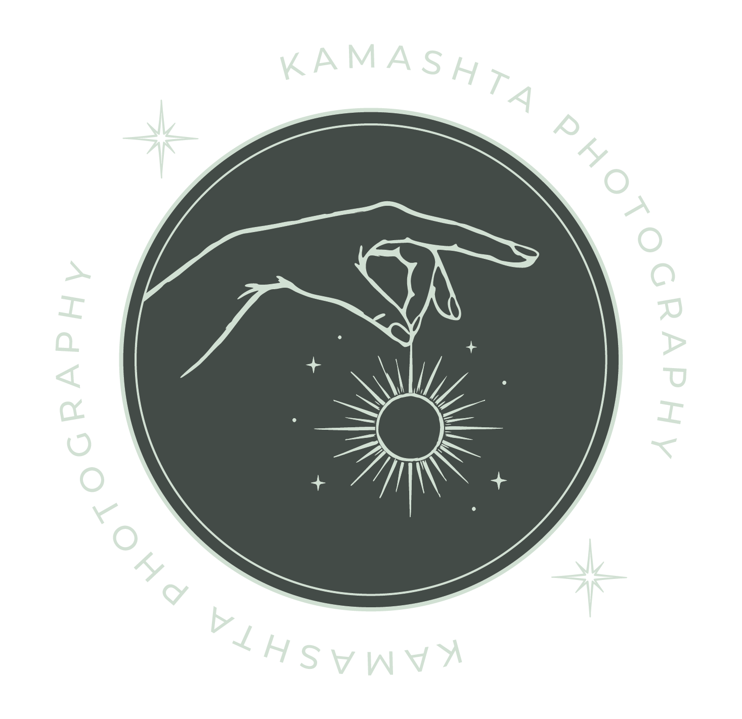 A circular emblem with a hand making a gesture, with a small star and a radiant circle below it, surrounded by text that reads "KAMA SHTA PHOTO GRAPHY" and "PHOTOGRAPHY HARAMASHAT" on a black background.