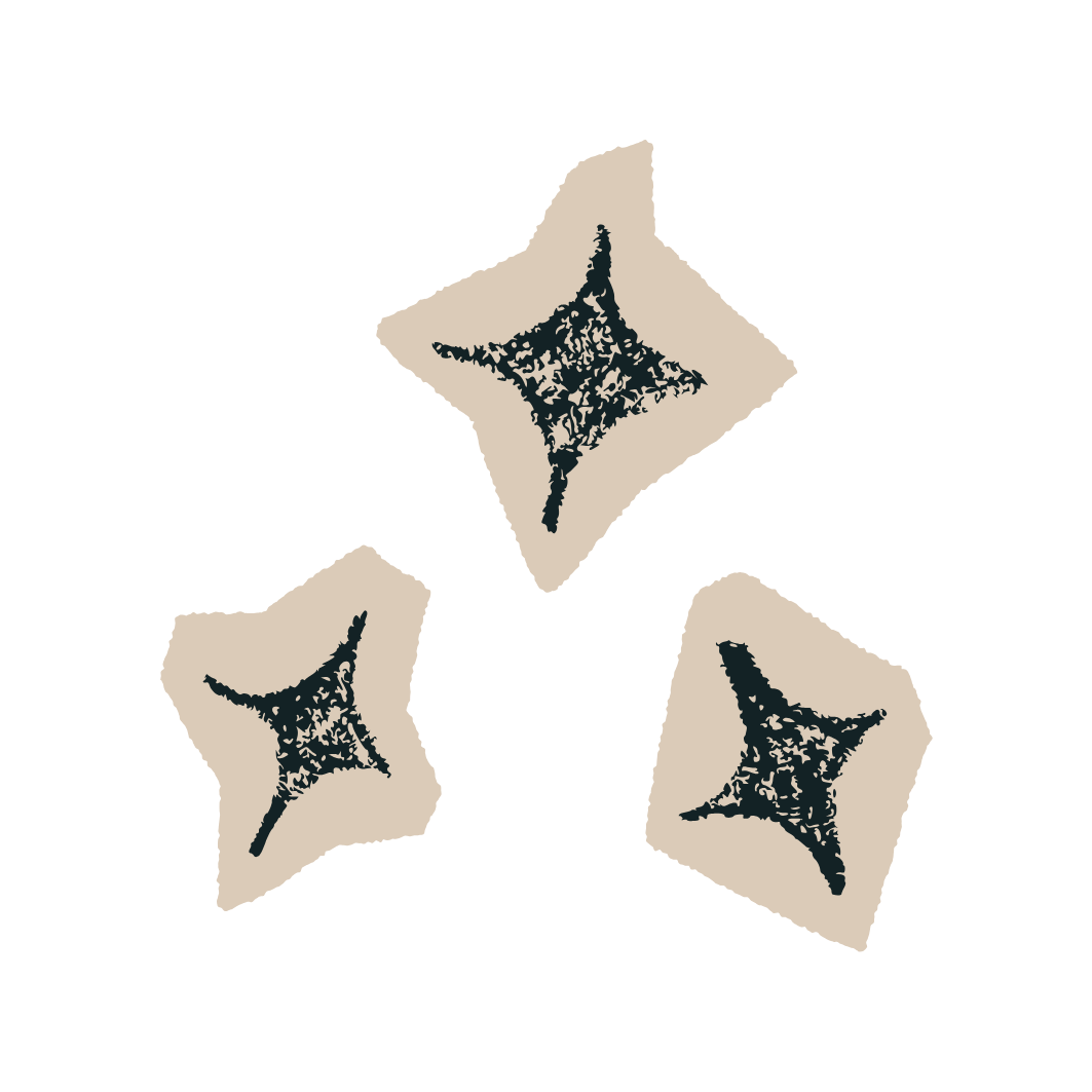 Three star-shaped cookies with a beige and black design on a black background.