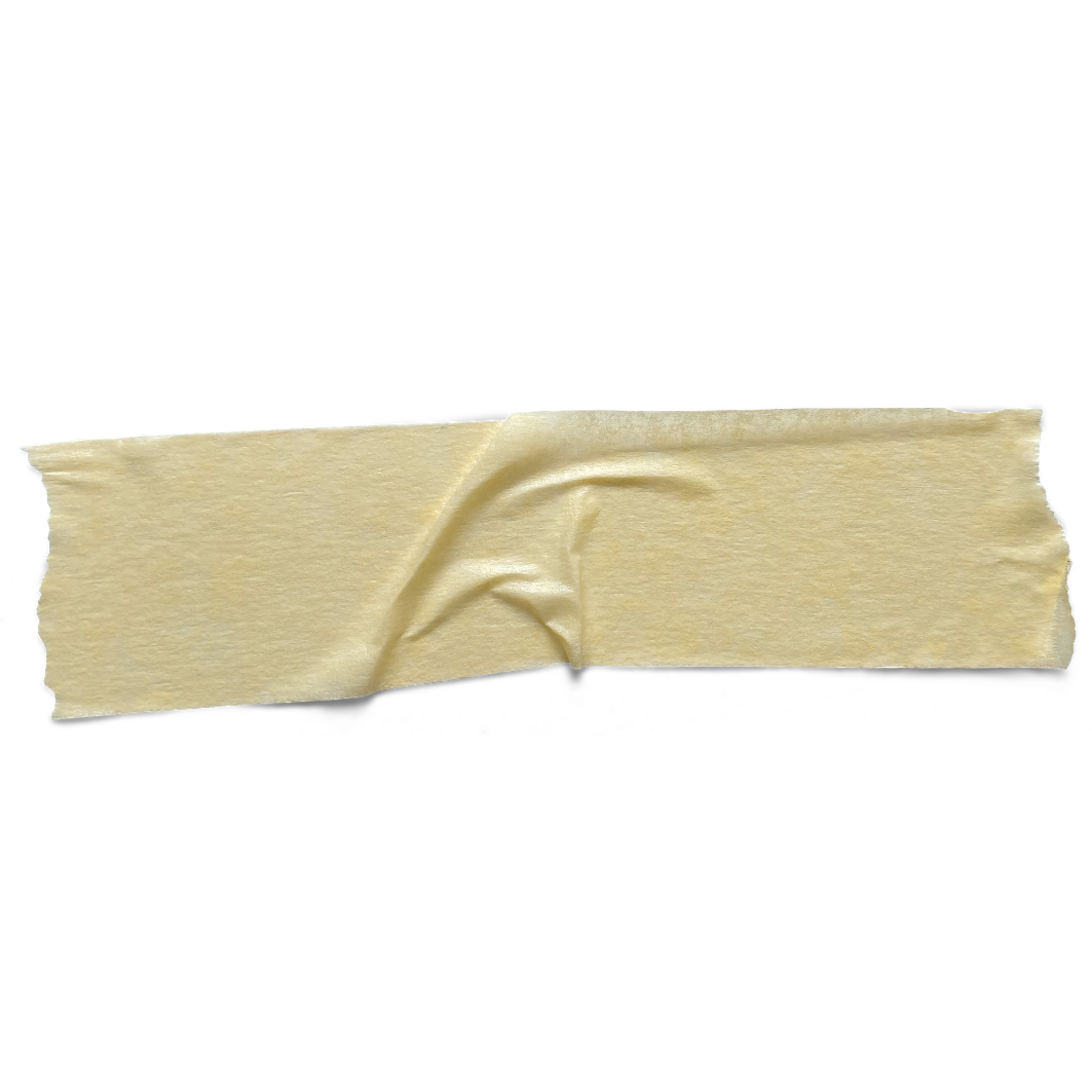 A torn piece of masking tape with a slightly crumpled surface.