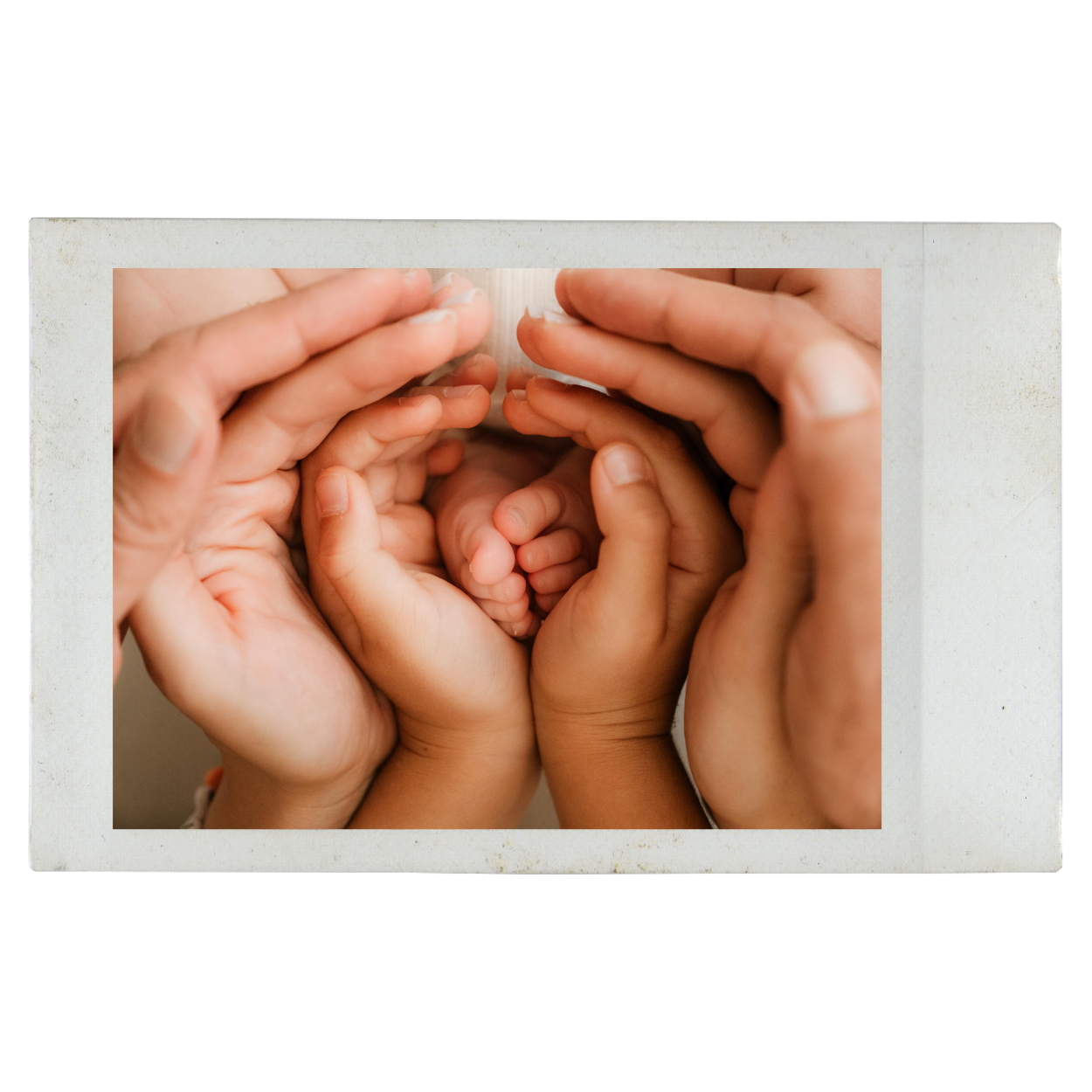 Multiple adult hands surrounding and holding a tiny baby's feet.