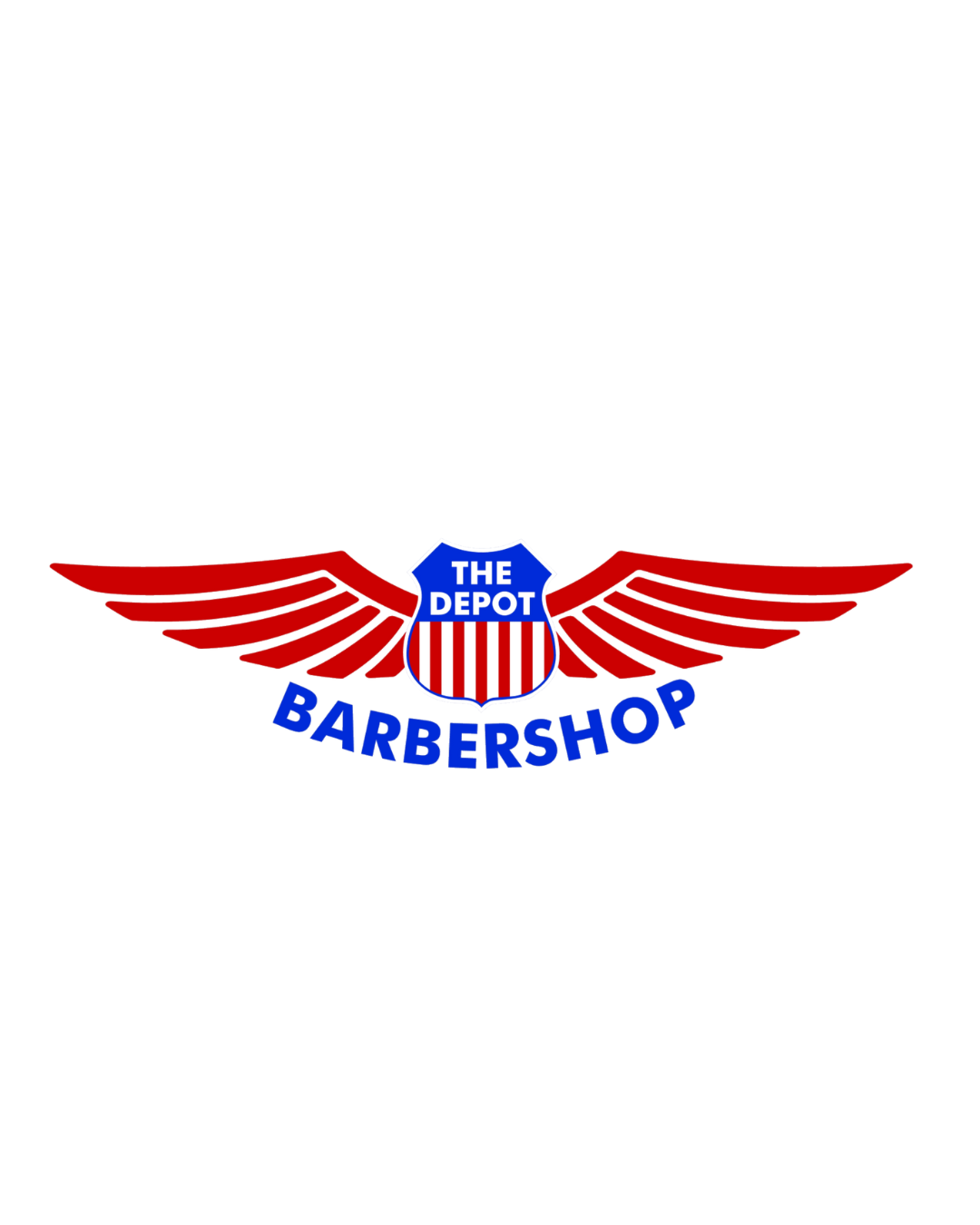 Logo featuring a blue badge with red wings and the text 'The Depot Barber Shop'.