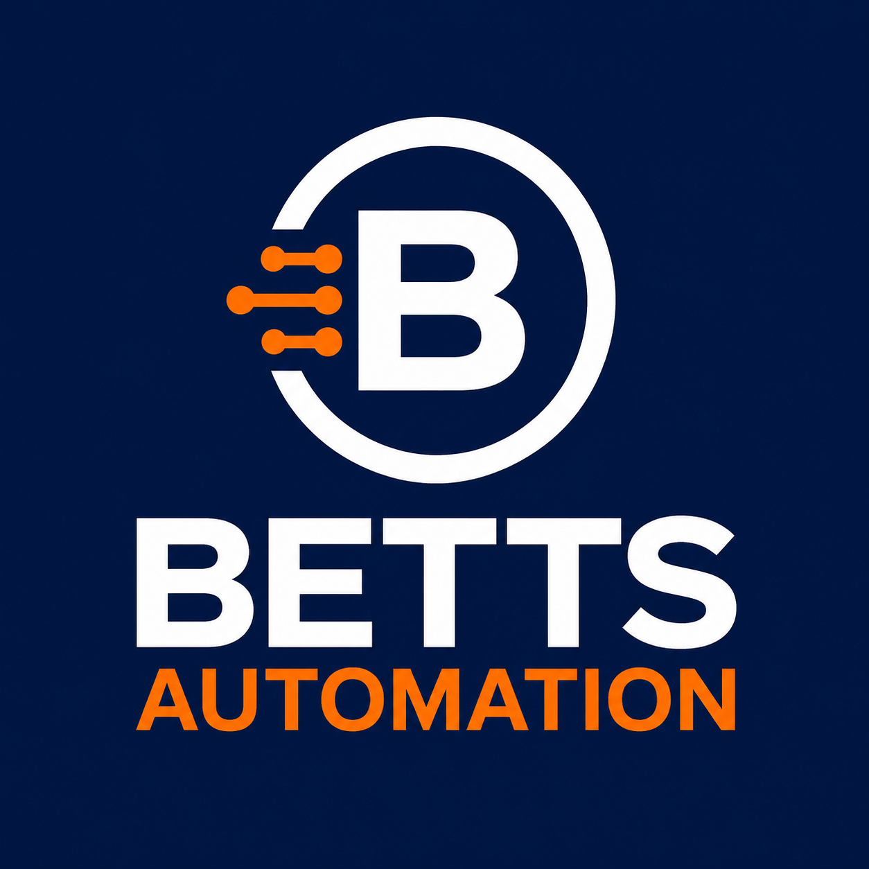 Logo for BETTS AUTOMATION featuring a large white letter B inside a circle with orange circuit lines on the left, set against a dark blue background. The word 'BETTS' is in white capital letters, and 'AUTOMATION' is in orange capital letters below.