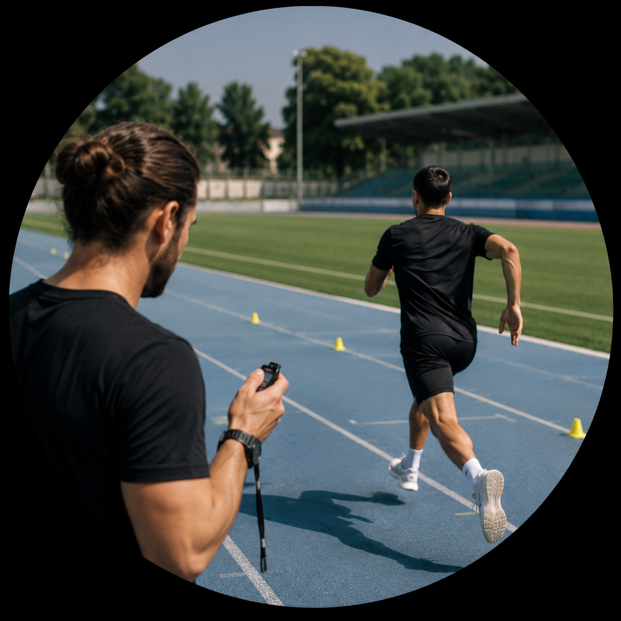 Un uomo corre sulla pista di atletica mentre un altro uomo, visibile di spalle, registra l'evento con uno smartphone.