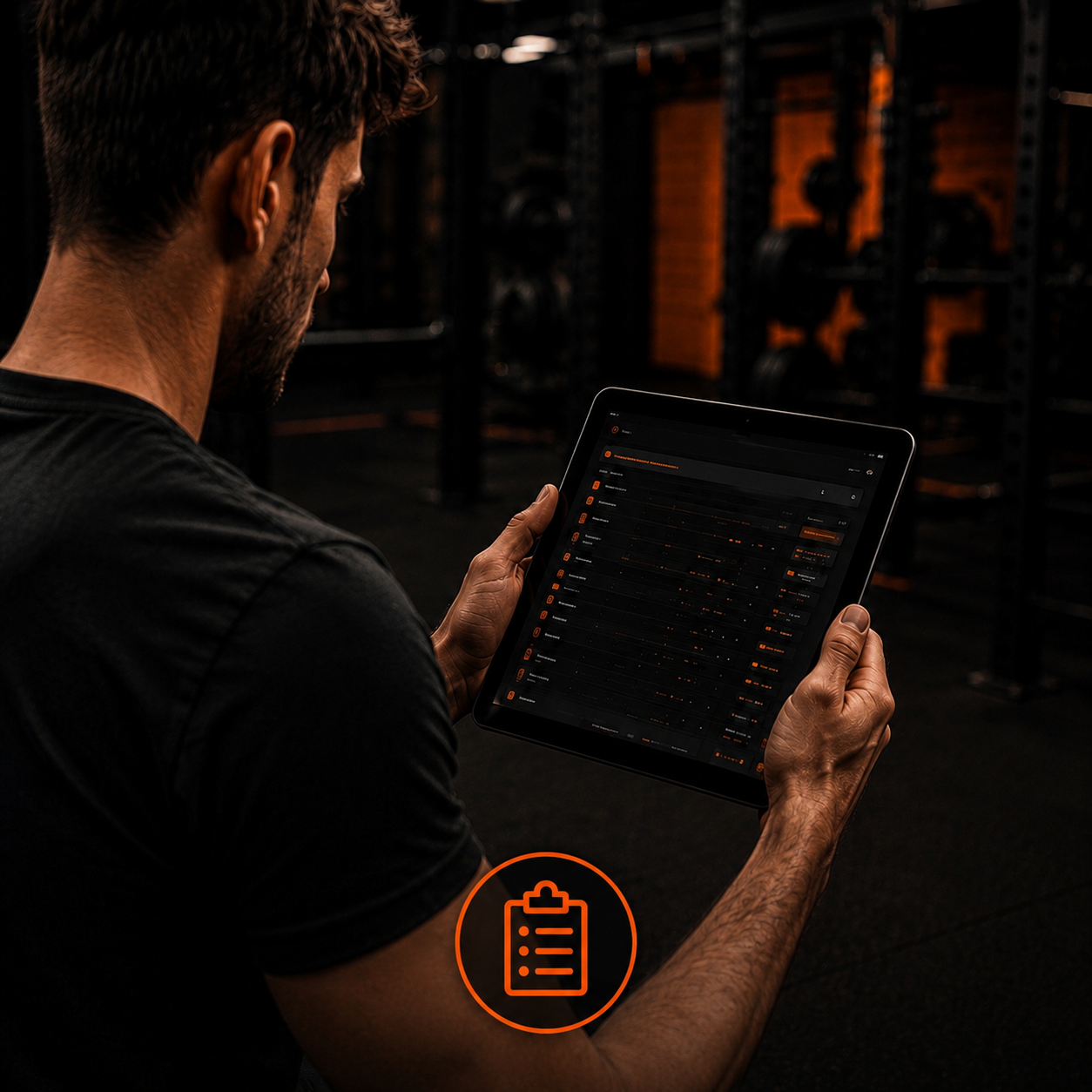 Uomo che utilizza un tablet in palestra, che mostra uno schermo con un'app di allenamento o di monitoraggio delle prestazioni.