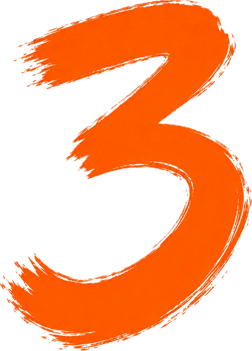 Numero 3 disegnato con vernice arancione e bordi ruvidi su sfondo bianco.