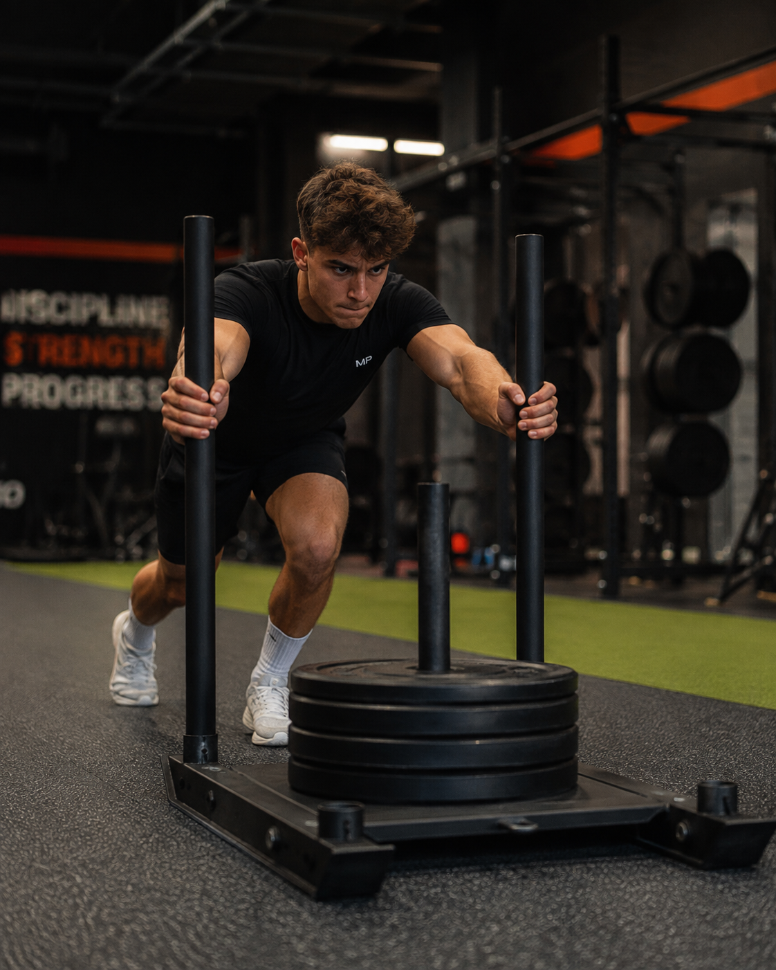 Uomo che fa allenamento con un tapis roulant a peso morto in palestra.