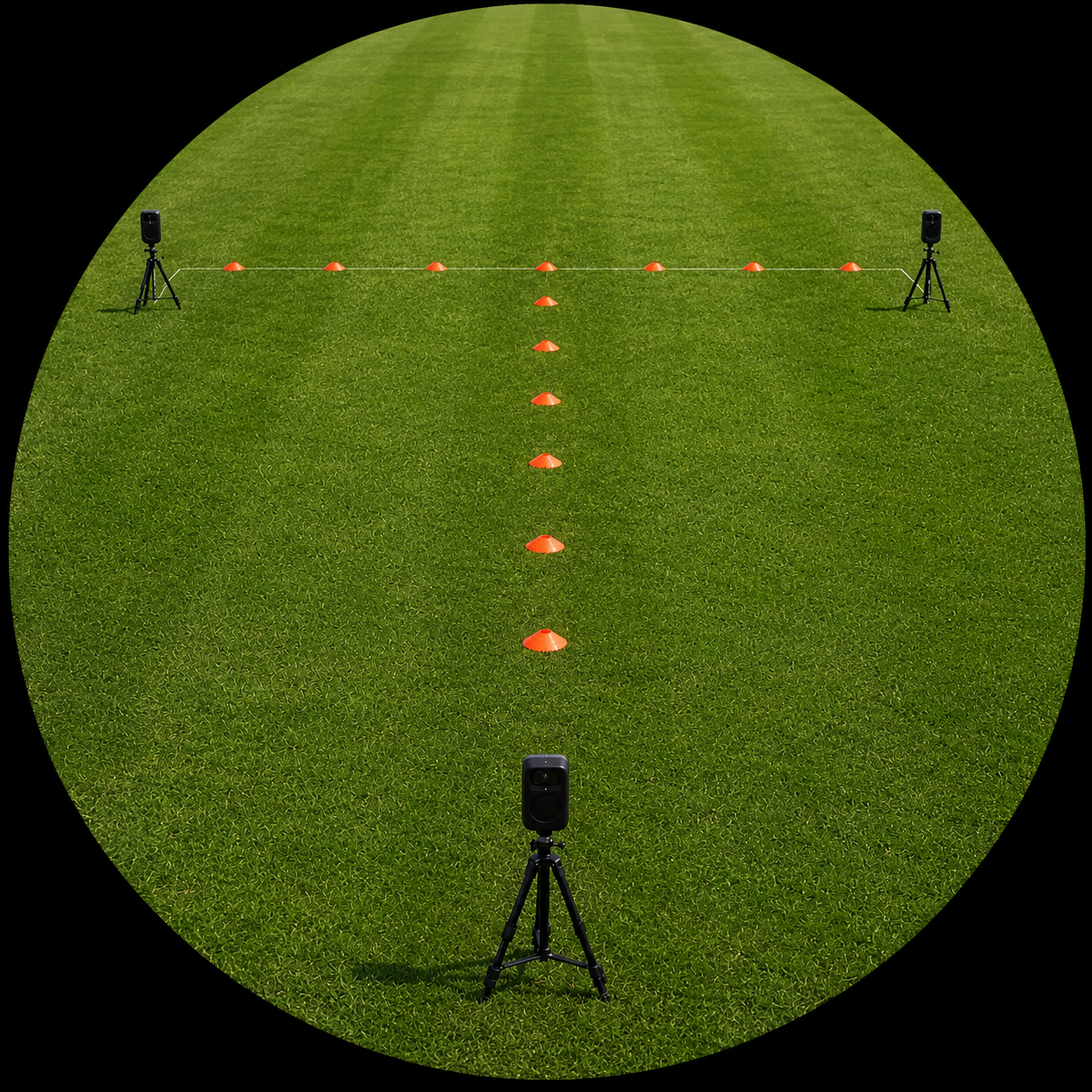 Campo di calcio con coni arancioni disposti lungo la linea centrale, tre altoparlanti sui tre lati, con lo sfondo di erba verde, visibile attraverso un effetto di vignettatura.