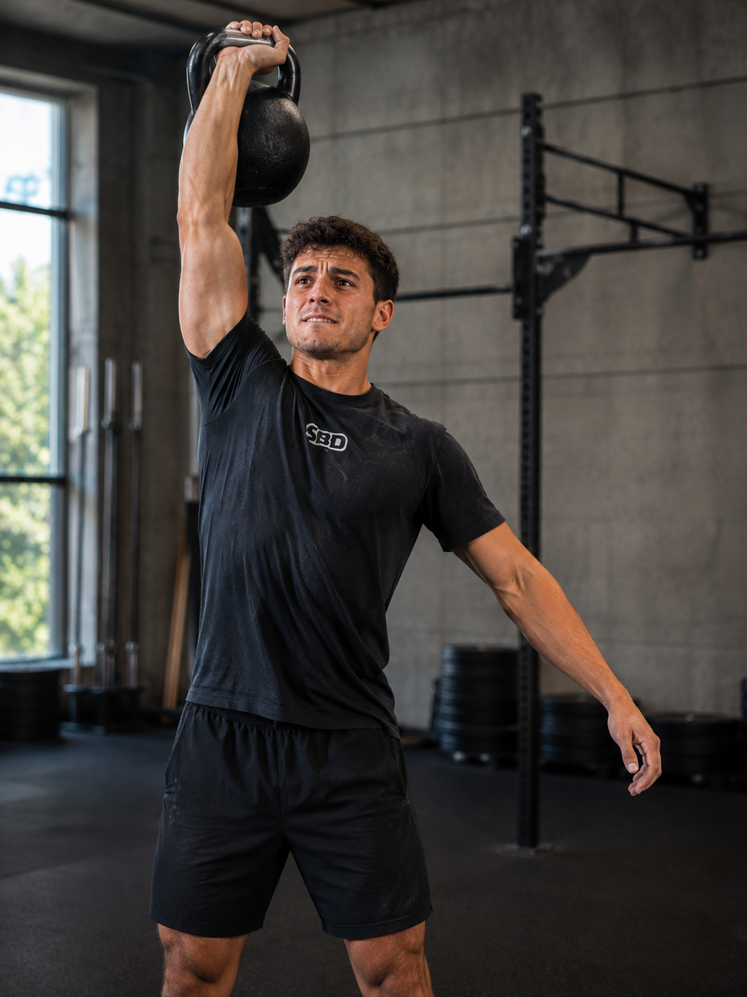 Un uomo che fa sollevamento kettlebell in palestra