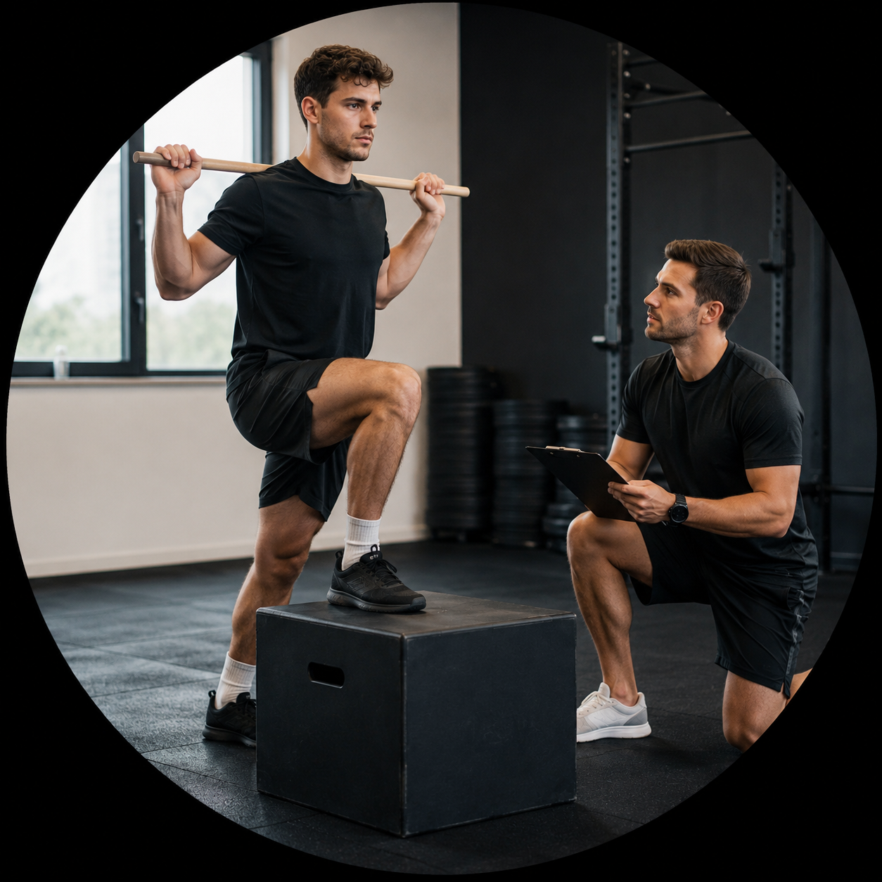 Allenamento in palestra con un istruttore che supervisiona un uomo che esegue squat con un bastone sulle spalle, seduto su una scatola, mentre l'istruttore prende appunti su un tablet.