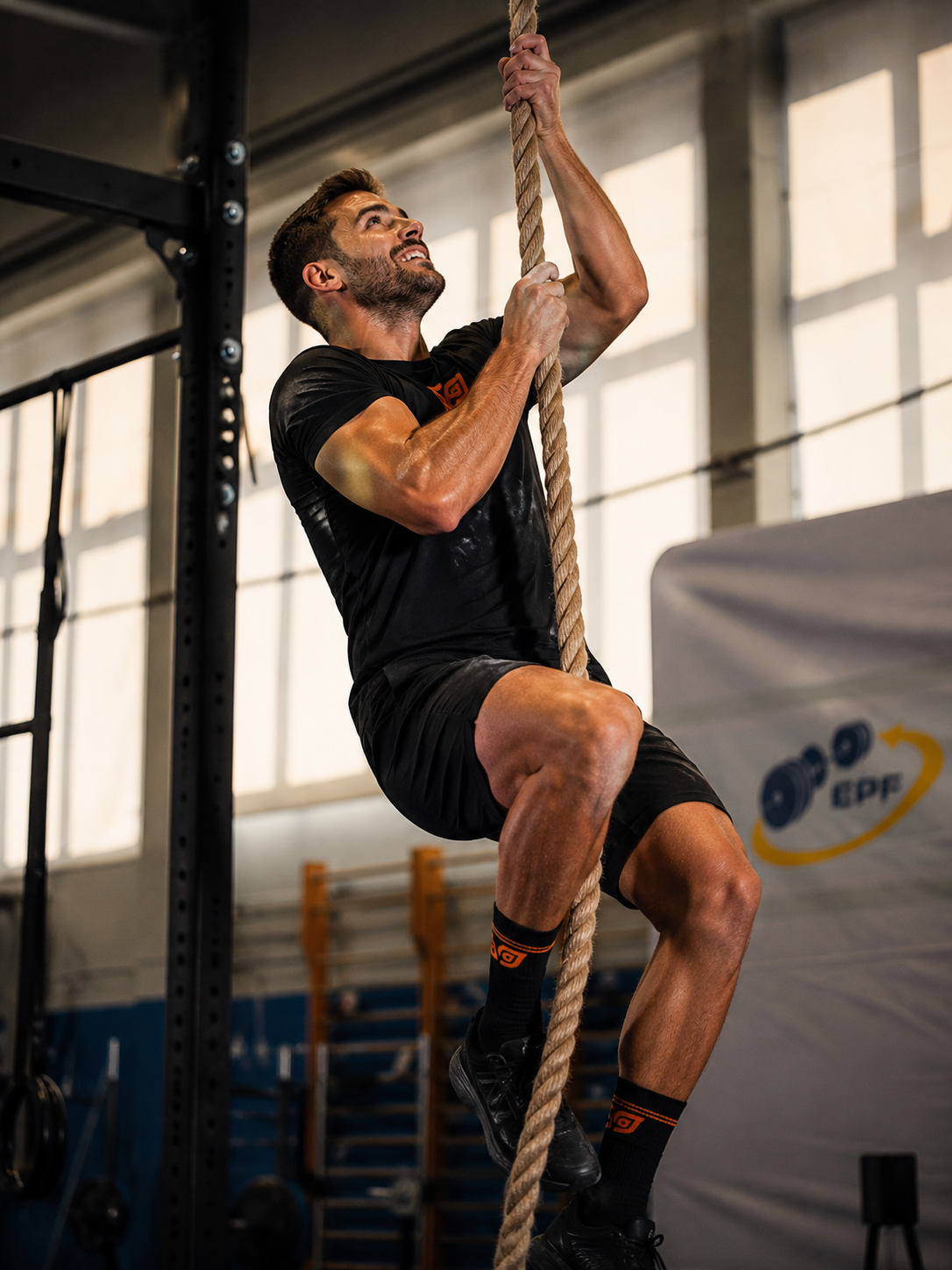 Uomo che si arrampica su una corda in palestra di allenamento.