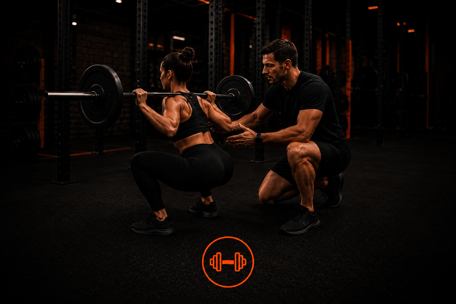 Una donna sta facendo squat con un bilanciere mentre un uomo la sostiene e la guida in palestra con attrezzature da sollevamento pesi sullo sfondo.