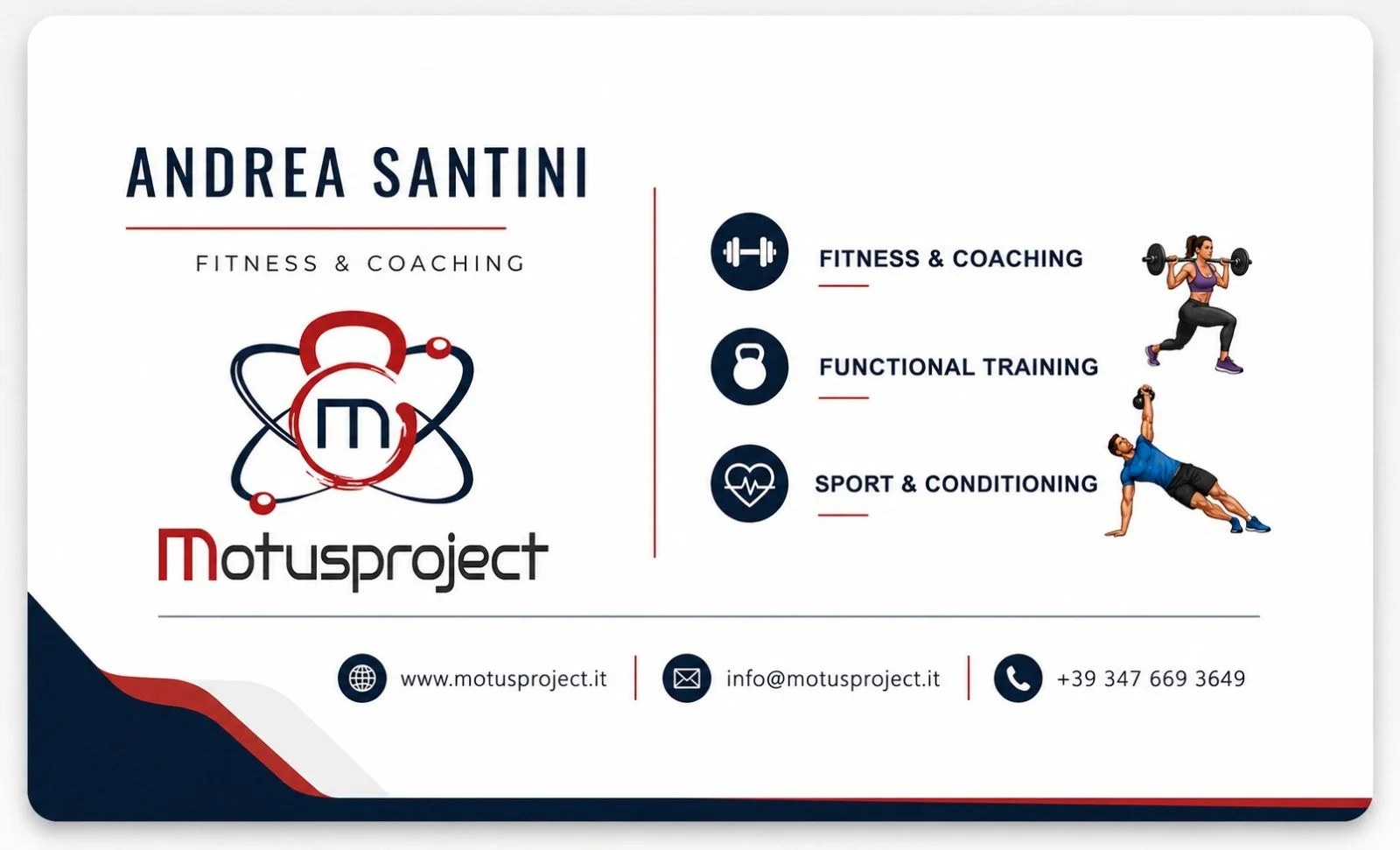 Cartolina pubblicitaria di Motusproject con nome, logo, servizi di fitness offerti e immagini di persone che fanno esercizi di allenamento.