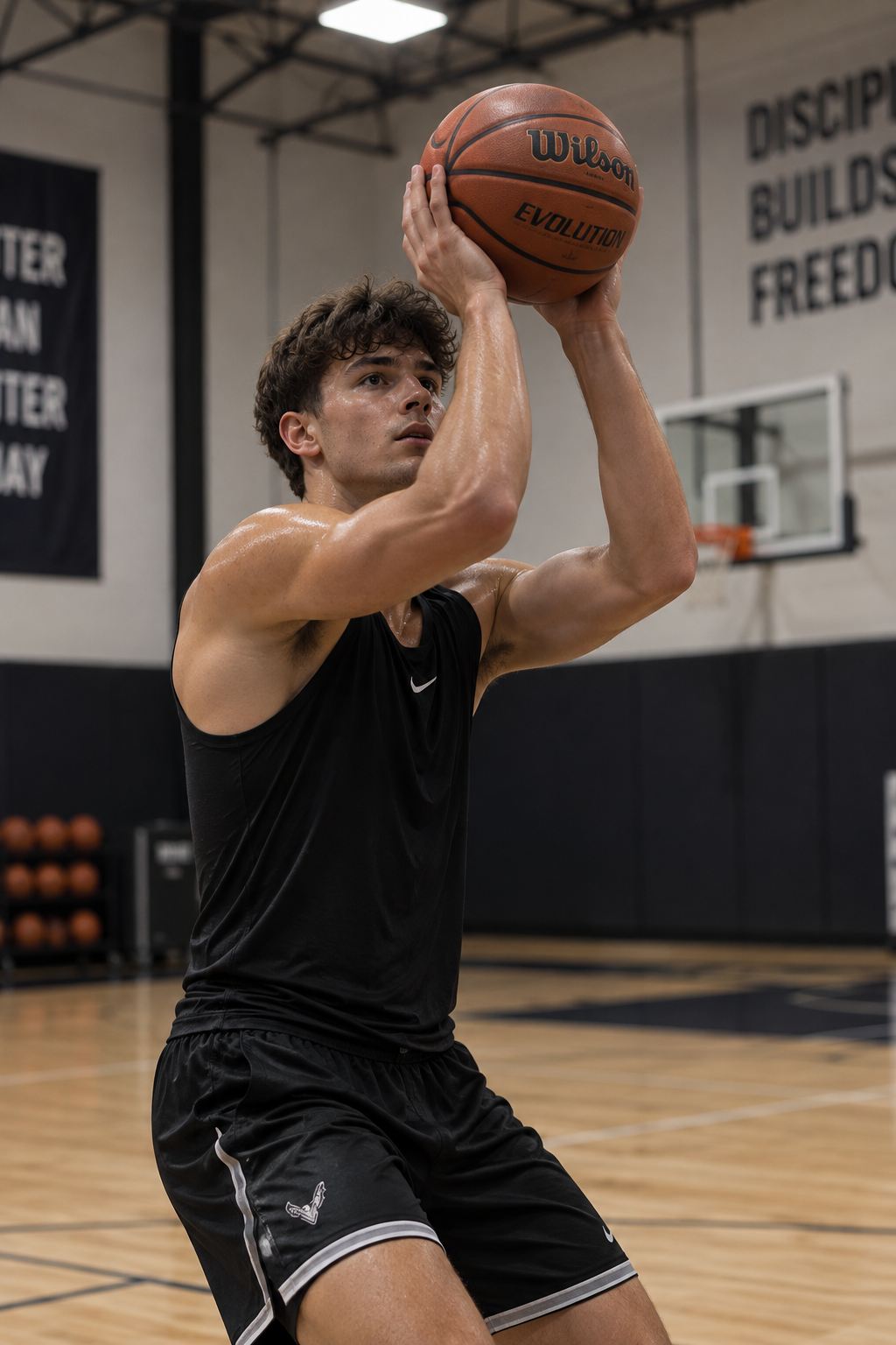 Giocatore di basket in campo che si prepara a tirare con palla da basket in mano, sudato e concentrato.