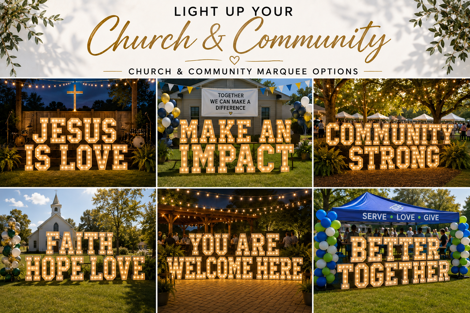 A collage of six photos showing outdoor church and community event decorations. The images feature large illuminated signs with uplifting messages such as "Jesus is Love," "Make an Impact," "Community Strong," "Faith Hope Love," "You Are Welcome Here," and "Better Together." Decorations include balloons, string lights, and a tent with the words "Serve Love Give."