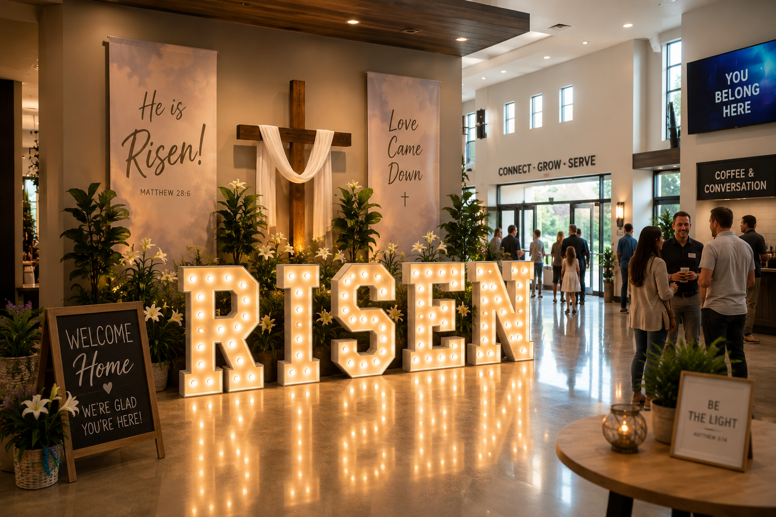 Decorative Christian wedding or church event with illuminated 'RISEN' sign, banner with 'He is Risen! Matthew 28:6' on wall, and people socializing near coffee service area. Bright, welcoming interior with plants and large windows.