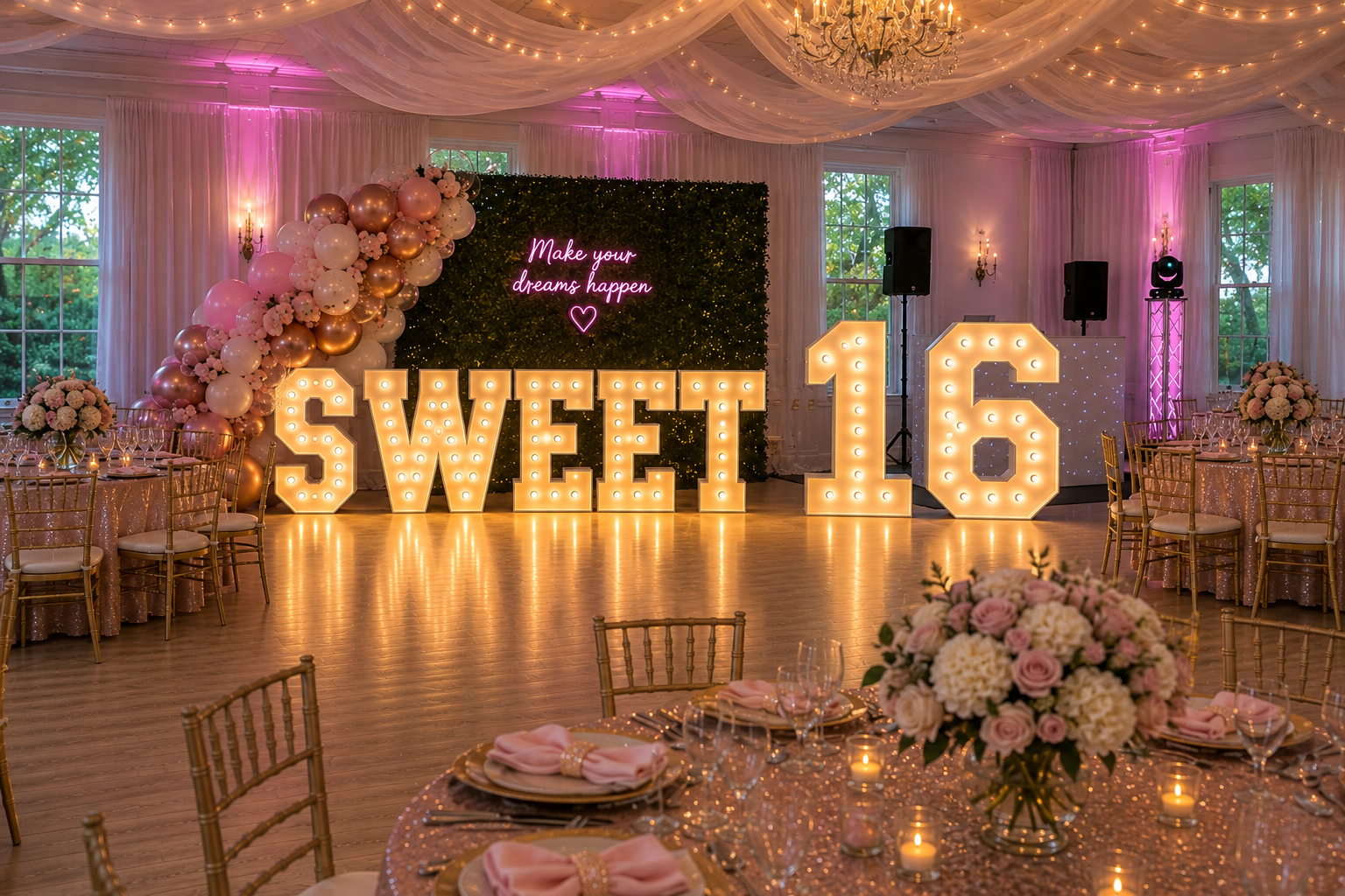 Decorated event room with large illuminated "SWEET 16" sign, pink and white balloon arch, floral arrangements, round tables with gold chairs, and fairy lights, celebrating a sweet sixteen birthday.