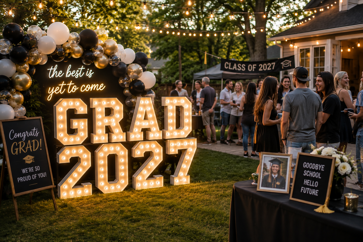 Outdoor graduation celebration with illuminated sign reading "the best is yet to come" and large lit-up letters spelling "GRAD 2023." Guests are gathered in groups, and there are congratulatory signs, balloons, and framed photos of the graduate.
