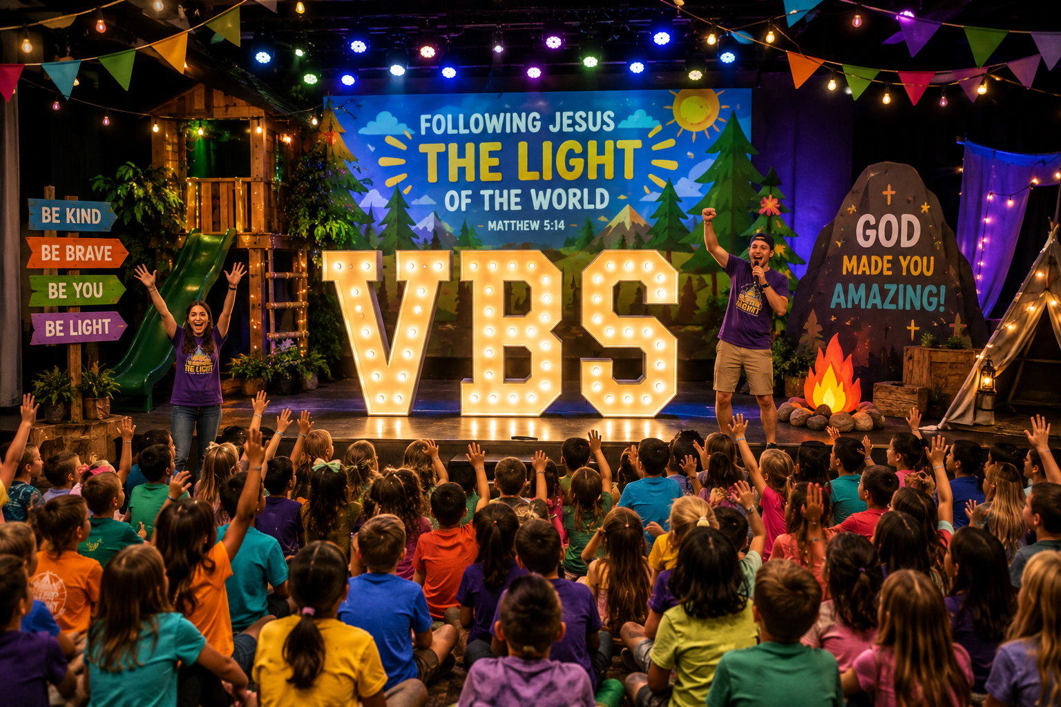 A group of children sitting on the floor raising their hands during a church event with two speakers on stage. The stage has a large illuminated 'VBS' sign, a colorful background with trees and mountains, and banners with inspirational messages.