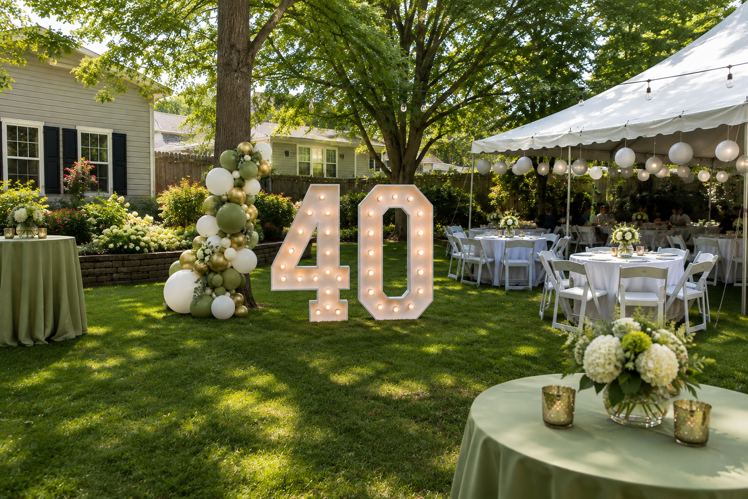A birthday celebration in a backyard garden with large illuminated number '40,' balloons in neutral tones, round tables with white tablecloths, floral centerpieces, and a white canopy with hanging lanterns.