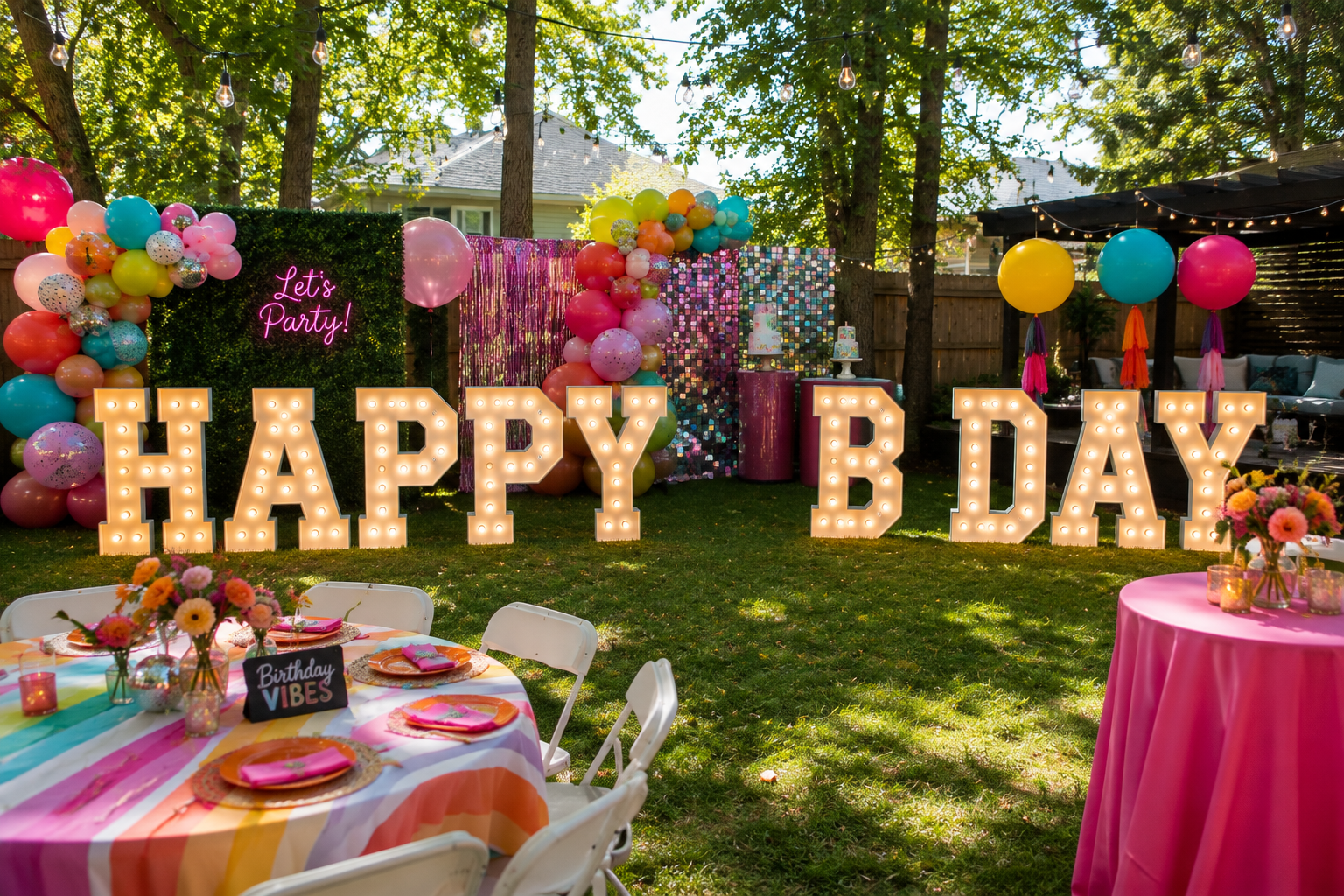 Decorated backyard with large illuminated sign spelling 'HAPPY BDAY,' colorful balloons, a table with a rainbow tablecloth and pink napkins, flowers, and birthday cake in the background for an outdoor birthday celebration.