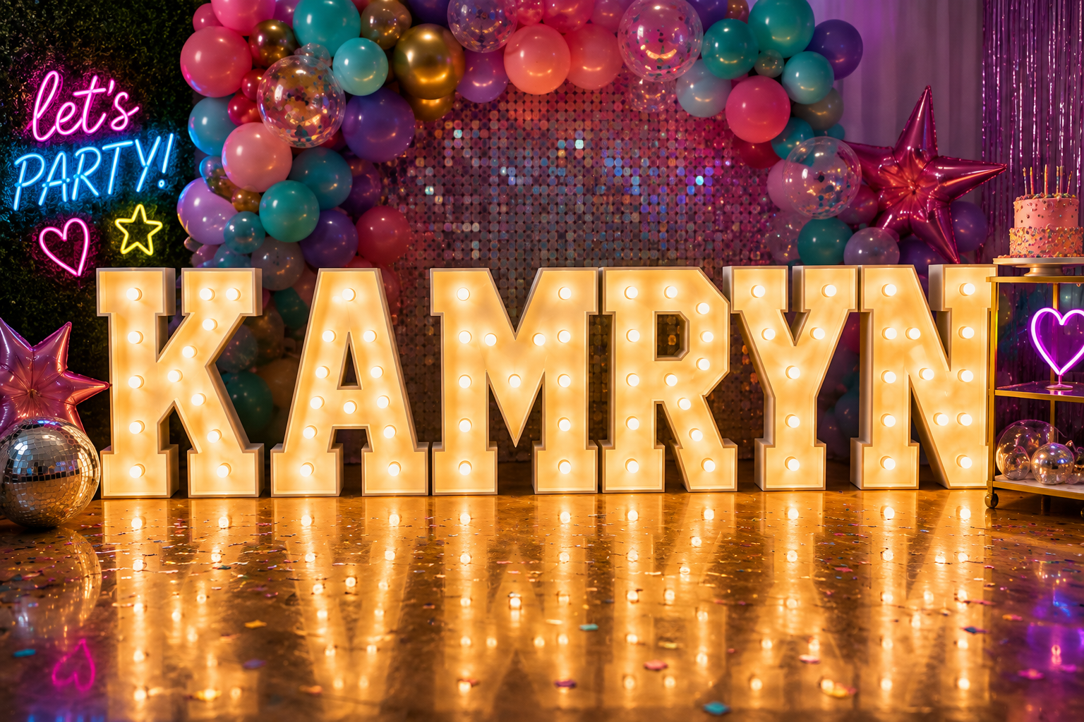 Illuminated marquee letters spelling 'KAMRYN' on a reflective floor, decorated with balloons, neon signs, and a birthday cake in the background for a celebration.