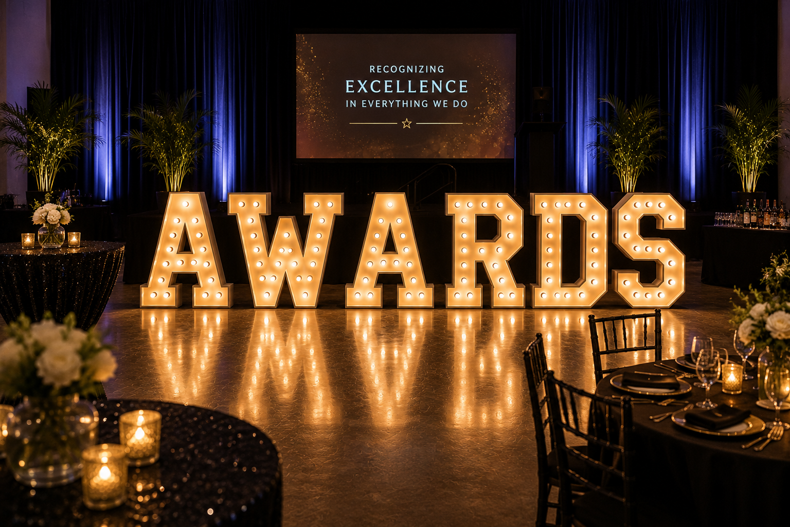 Large illuminated marquee letters spelling "AWARDS" on the floor at an awards ceremony with decorative tables, flowers, and a large screen displaying "Recognizing Excellence in Everything We Do" in the background.
