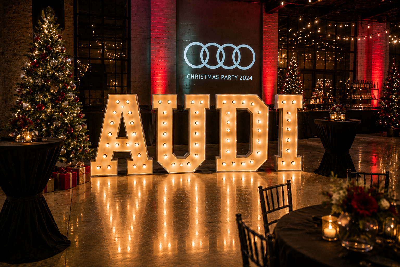 Illuminated large marquee letters spelling 'AUDIO' at a festive holiday event with Christmas trees, gift boxes, and warm candle lighting, in a decorated industrial-style venue with red and green lighting and Christmas decorations.