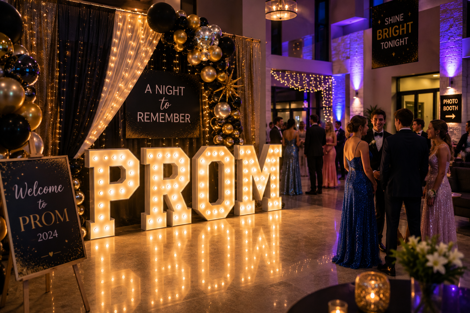 Group of teenagers dressed in formal attire at prom night in a decorated event hall with illuminated sign spelling 'PROM' and balloons, with other guests in the background.