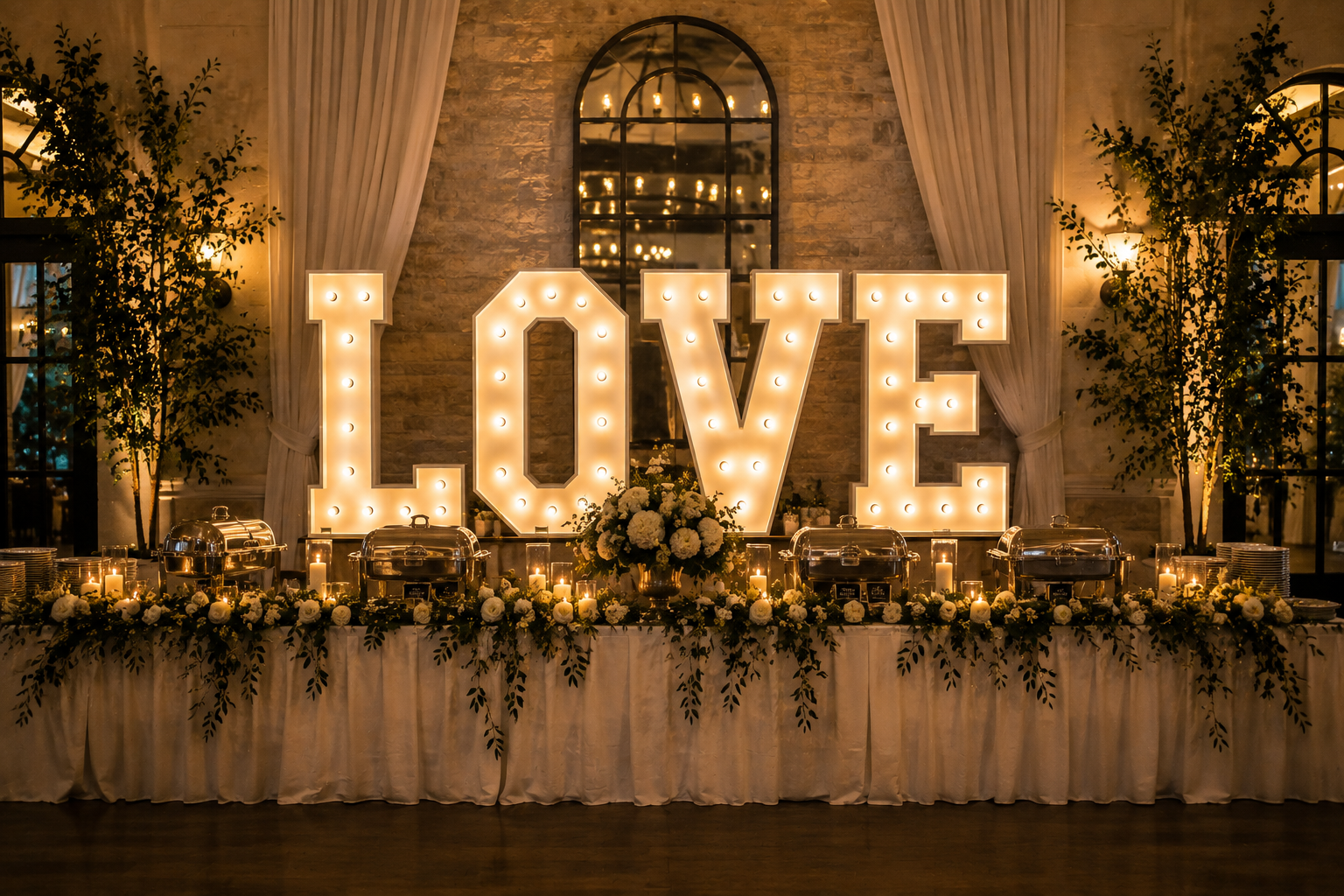 Decorative dinner table setup with large illuminated 'LOVE' sign, flowers, candles, and chafing dishes at a wedding or romantic event.