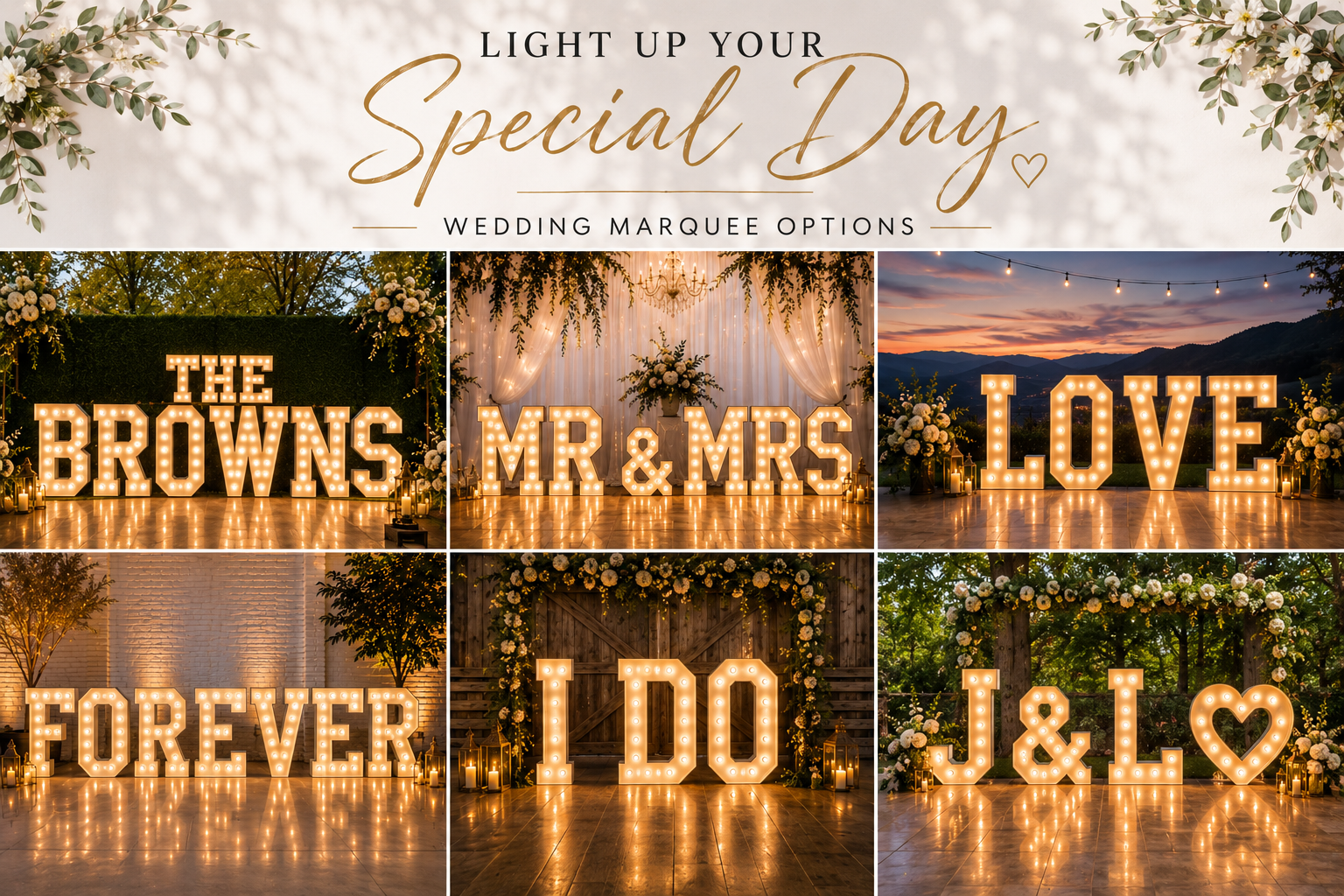 Decorative wedding marquee signs with illuminated letters displaying phrases like "The Browns," "Mr & Mrs," "Love," "Forever," "I Do," and "J & L" with floral arrangements and warm lighting