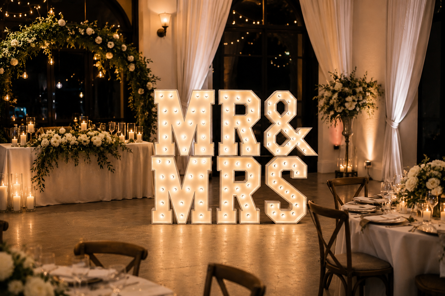 Decorated wedding reception area with illuminated 'Mr & Mrs' sign, floral arrangements, candles, and table settings in a warmly lit room.