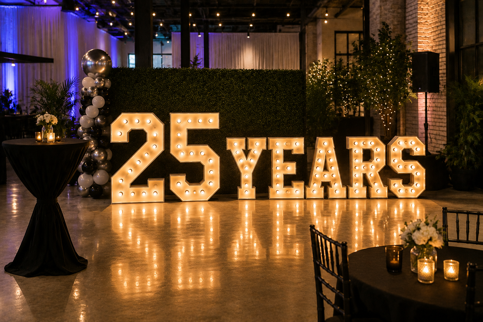Large illuminated sign spelling out "25 YEARS" at celebration event, with balloons, candles, and decorative plants in a dimly lit venue.