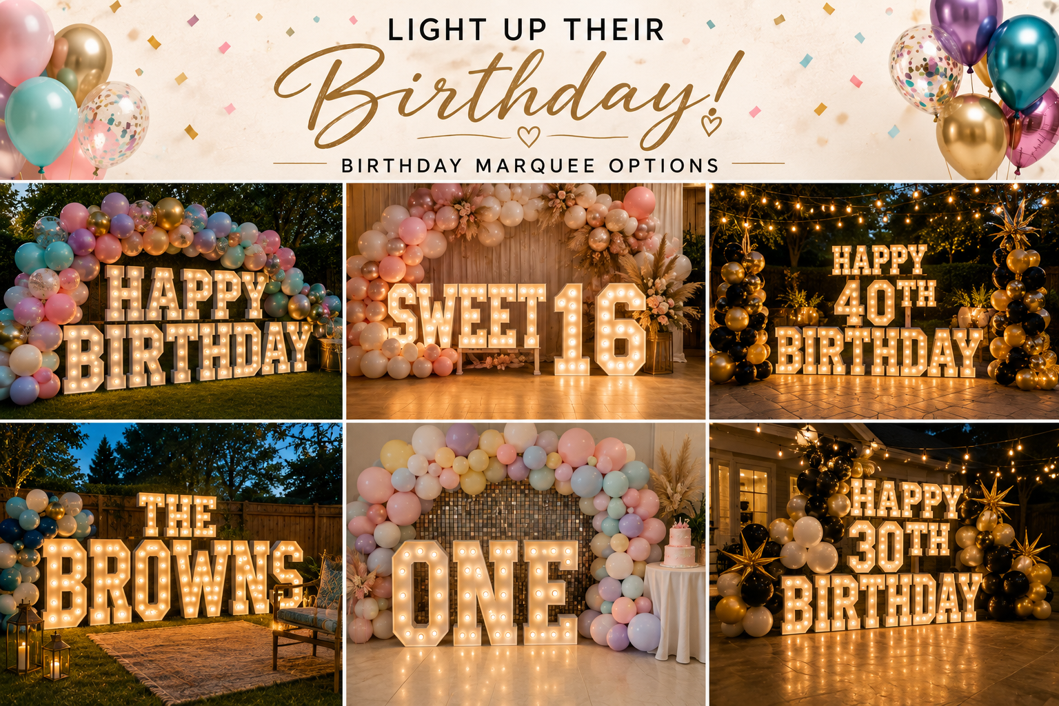 Collage of birthday party decorations featuring illuminated marquee signs with messages such as "Happy Birthday," "Sweet 16," "Happy 40th Birthday," "The Browns," "One," and "Happy 30th Birthday." The decorations include colorful balloons, floral arrangements, fairy lights, and a birthday cake.