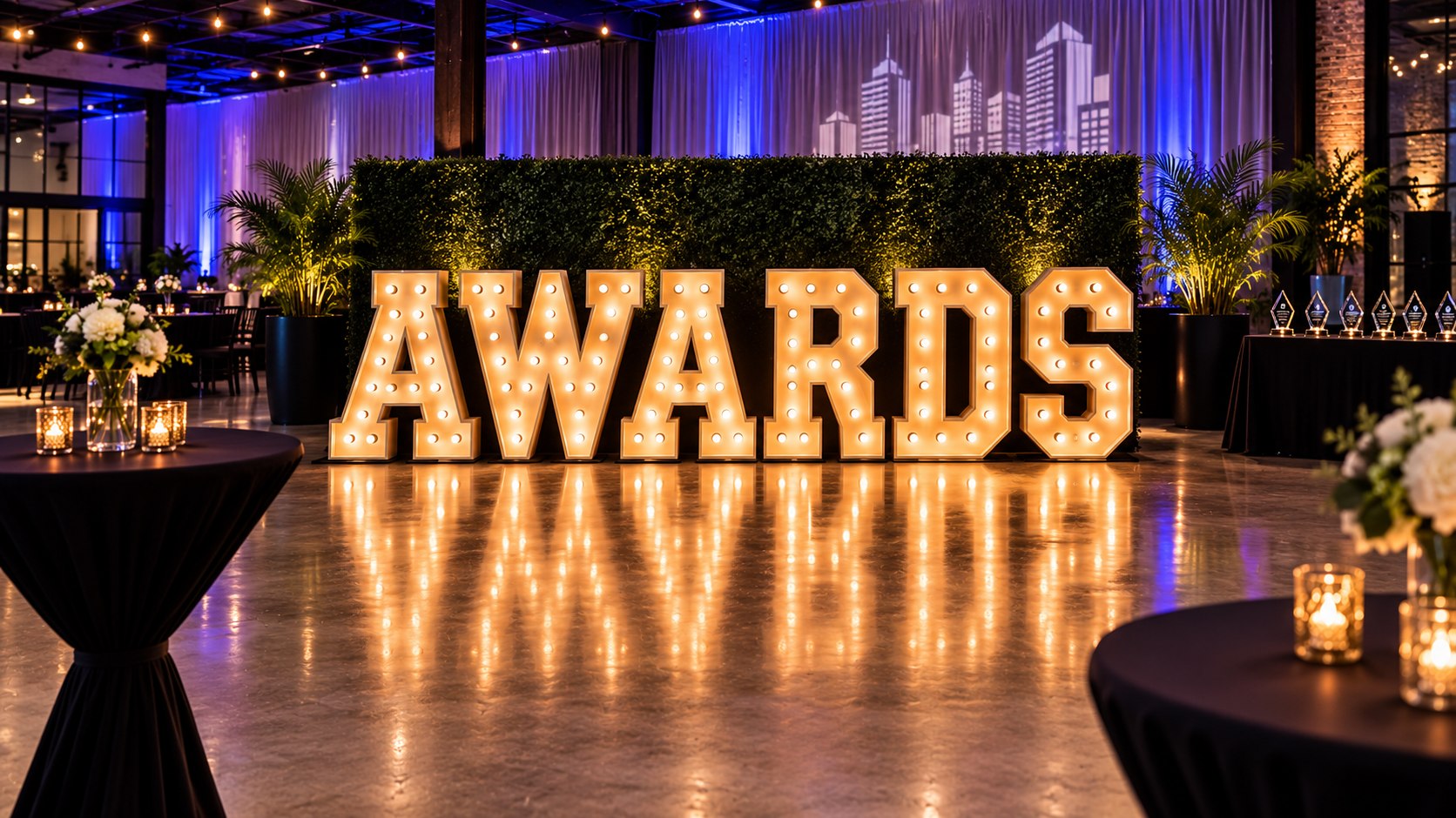 Decorative event space with large illuminated sign spelling 'AWARDS' in marquee style letters. Surrounding tables have floral arrangements and candles, with draped curtains and cityscape projection in the background.