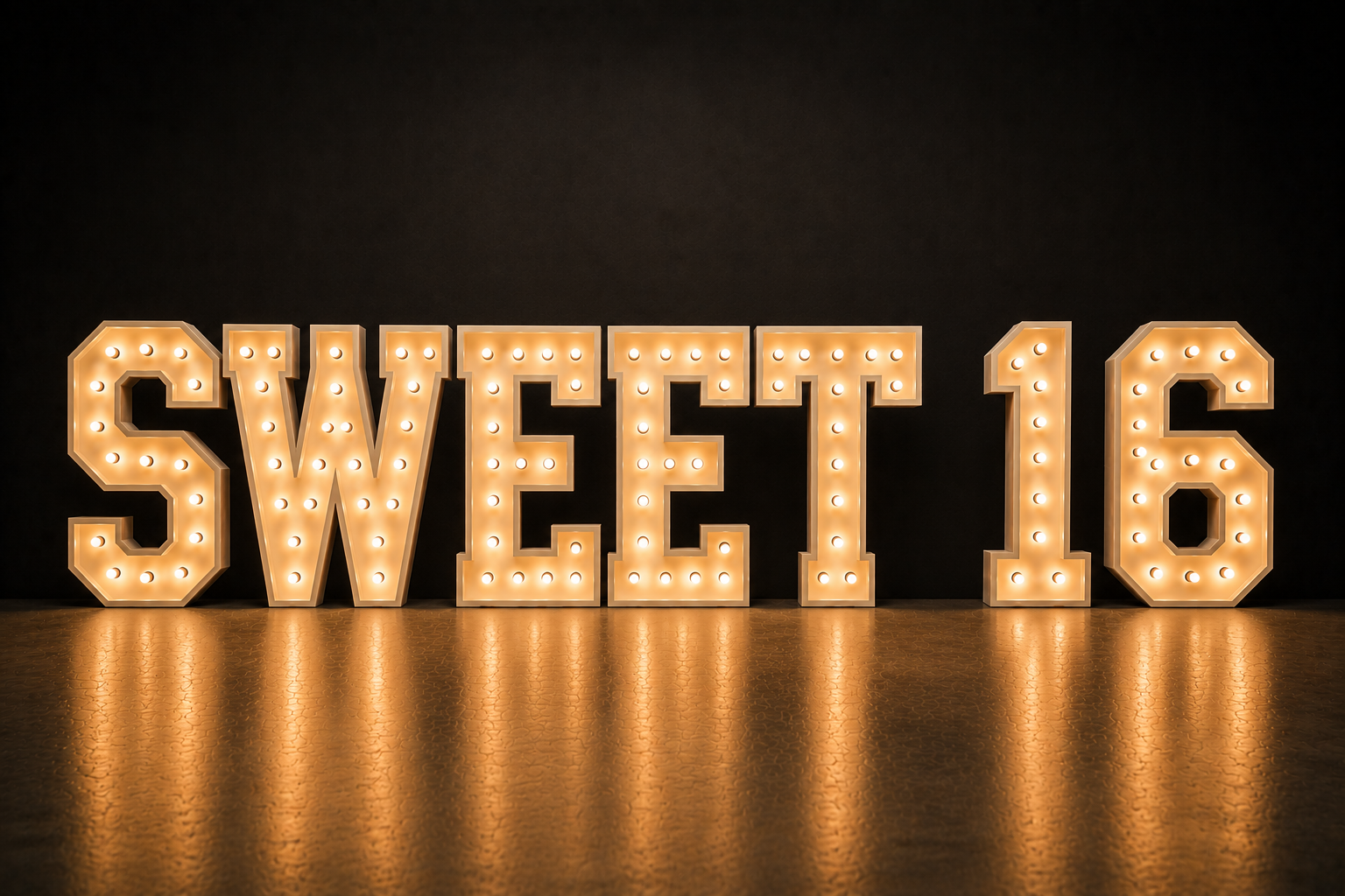 Large illuminated marquee sign spelling SWEEI 16 against a dark background, reflecting on the surface below.