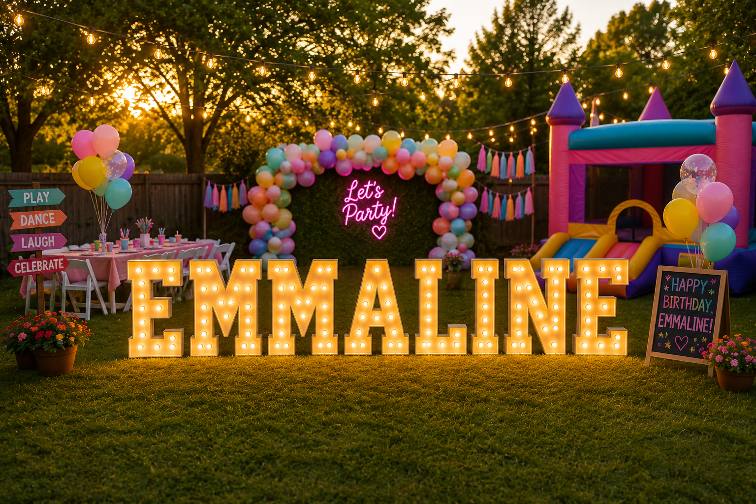 Outdoor birthday party setup with large illuminated initials spelling EMMA-LINE, a pink neon sign that says "Let's Party!" on a green hedge wall, colorful balloons, a pink table with chairs, an inflatable bounce house, and festive decorations in the evening.