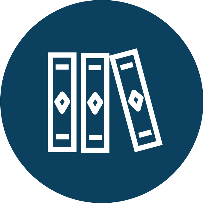 Icon of four books standing upright, with one leaning to the right, on a dark blue circular background.