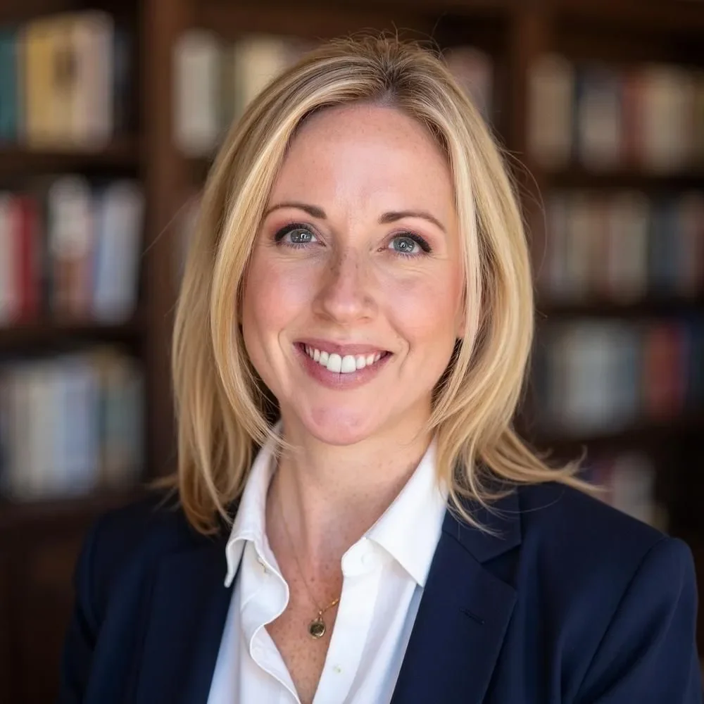 A woman with shoulder-length blonde hair, blue eyes, and a bright smile, wearing a white shirt and navy blazer, standing in front of a bookshelf filled with books.