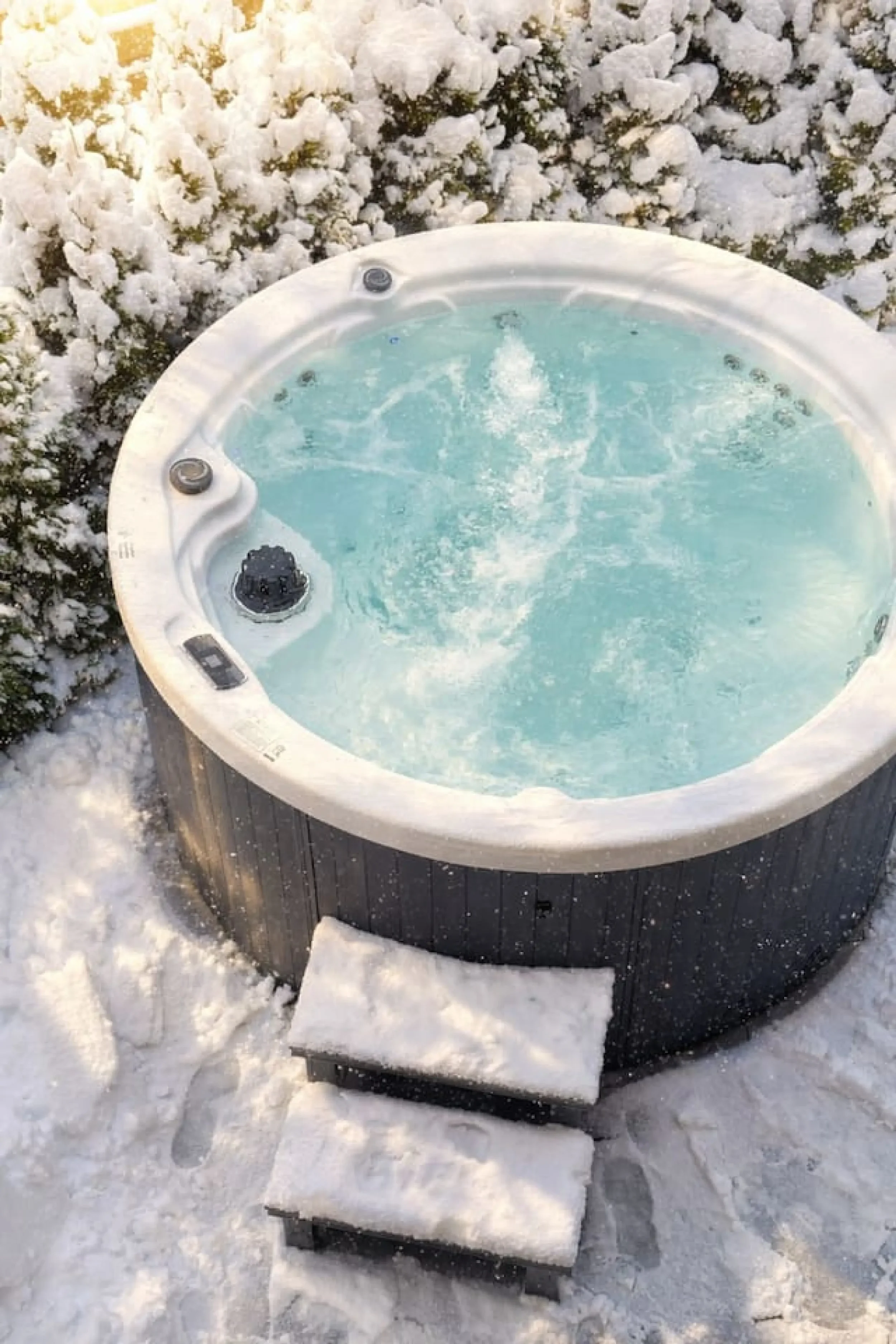 A hot tub outdoors in a snowy landscape, with snow on the ground and on a small wooden platform in front of it.